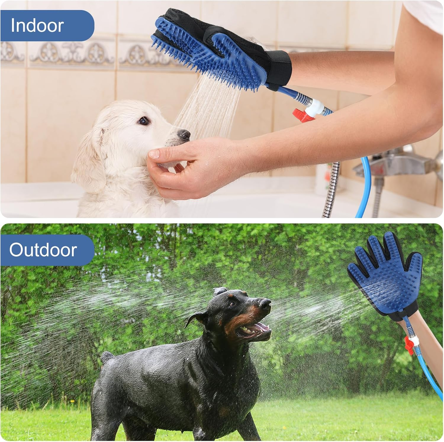 KECUSIN Pet Shower Sprayer, Dog Shower Attachment, Adjustable Spray Head with Massage Glove Style, Both Brush and Wipes, Dog Bath Tool Contains 88" Flex Hose, Two Indoor & Outdoor Faucet Adapters image number 6