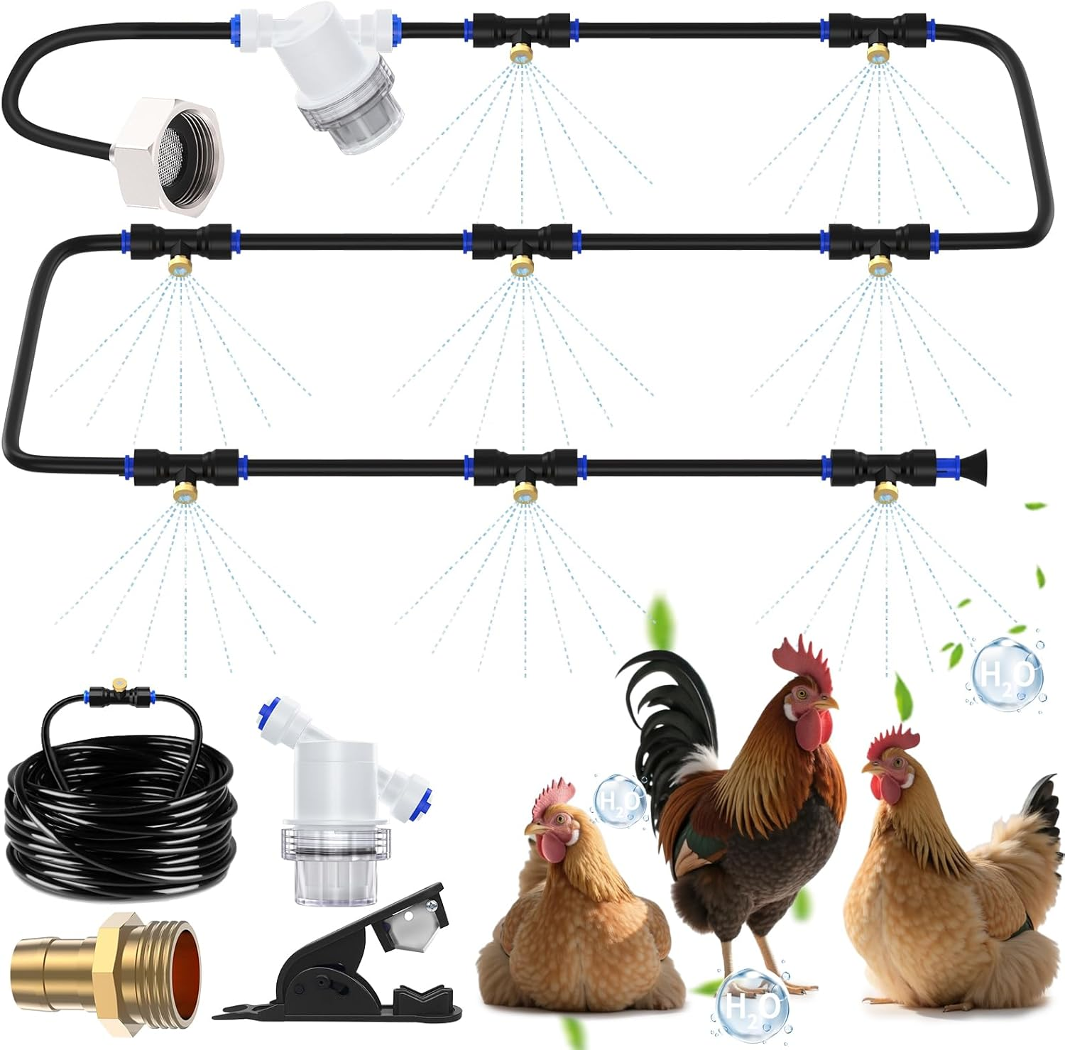 Chicken Coop Mister, 26FT Chicken Cooling System with 12 Brass Misting Nozzles, Filter, Cutter & 3/4" Adapter, Backyard Chicken Misters for Coop, Chicken Coop Accessories for Summer Heat image number 6