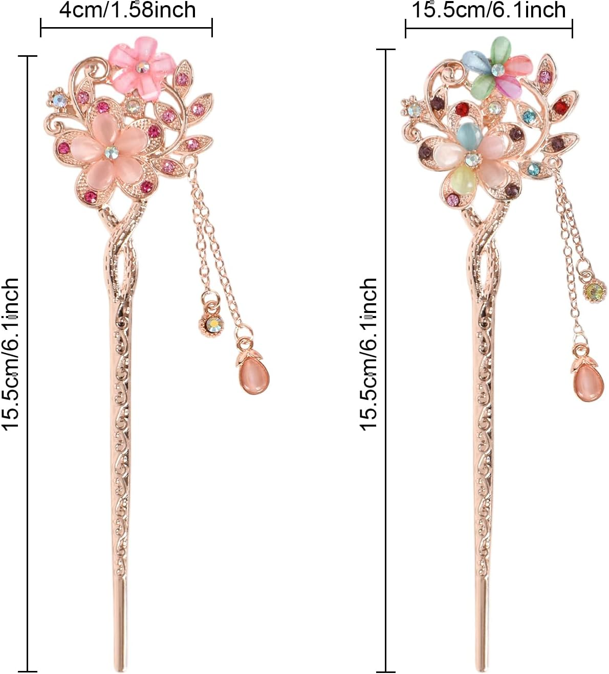 Pack of 2 Hair Sticks, Vintage Chinese Hair Sticks, Rhinestone Hair Chopsticks, Alloy Hair Stick with Tassel, Vintage Hair Chopsticks, for Girls Women Hair DIY Accessories image number 5