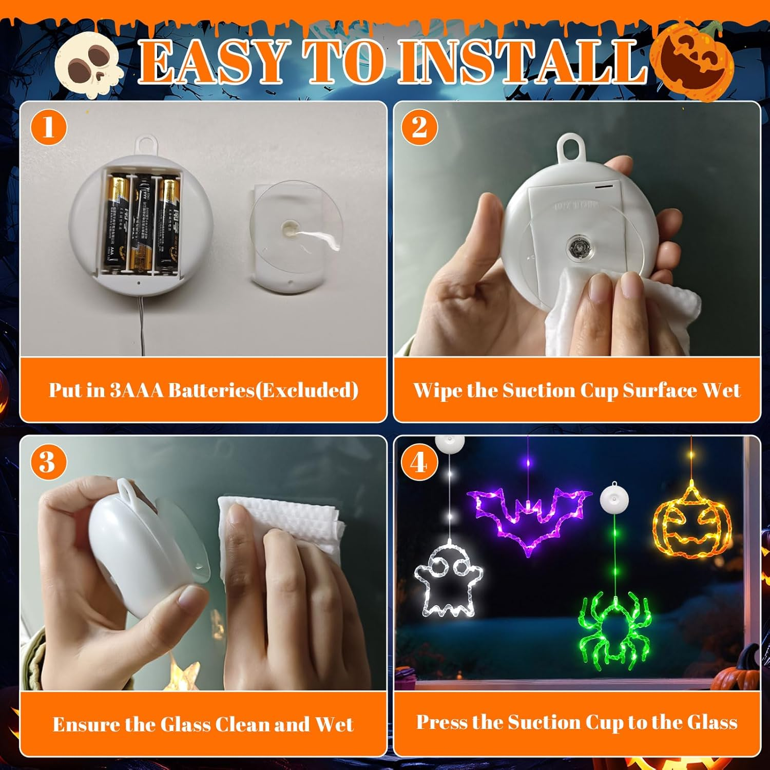 Halloween Decorative Fairy Lights, Pack of 4 Halloween Pumpkin Bat Spider Ghost Fairy Lights Battery with 6H Timer, 8 Light Modes, Window Lights with Suction Cup for Window Decoration (A) image number 3