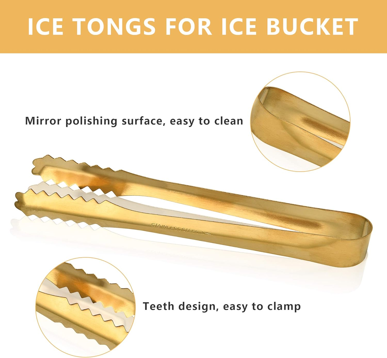 Stainless Steel Ice Scoop and Ice Tongs, Small round Bottom Bar Ice Flour Utility Scoop & Buffet Clip Kitchen Bar BBQ Party Wedding, Gold image number 2