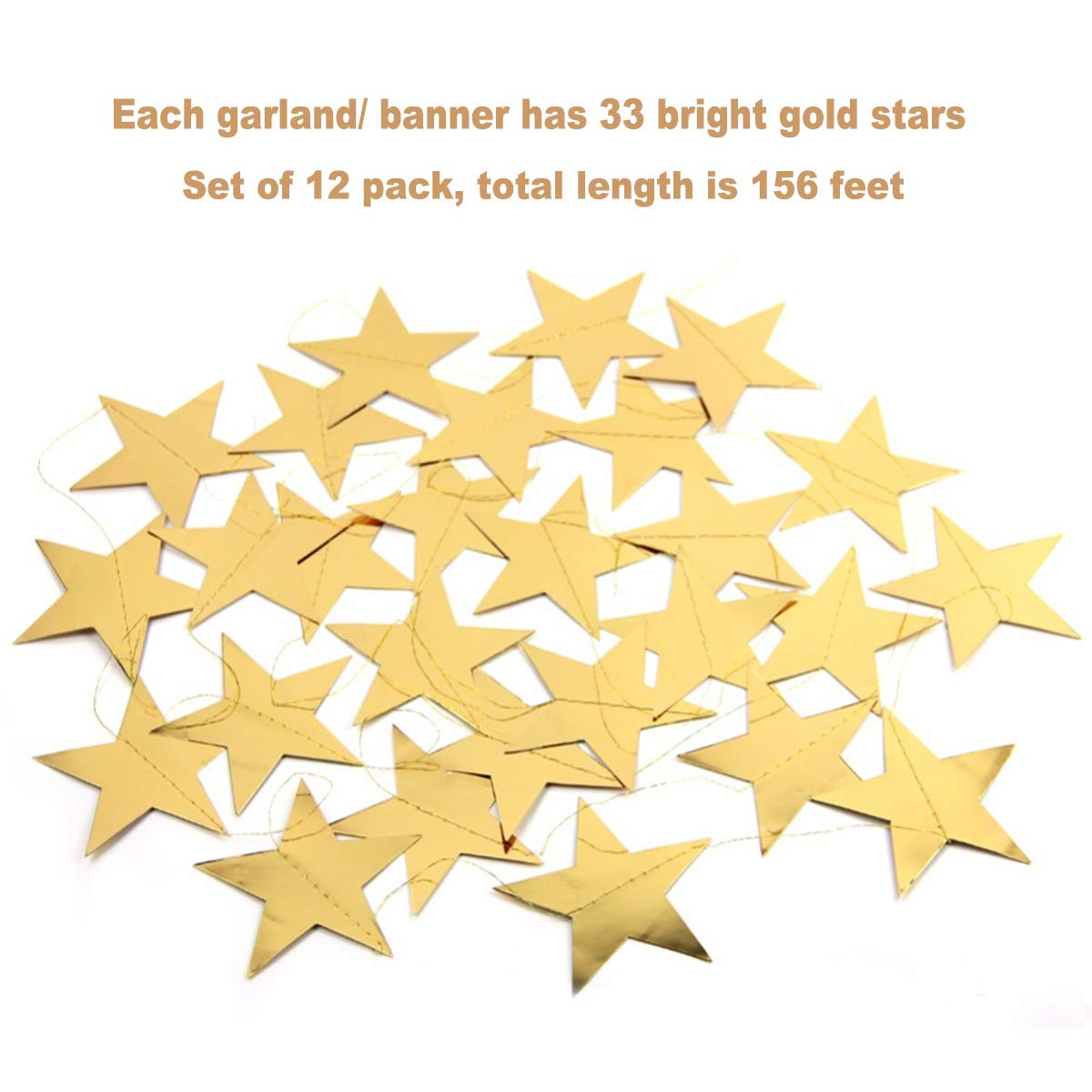 Gold Star Garland Banner Decorations - 156 Feet Bright Paper Hanging Decorations, Glitter Star Bunting for Wedding, Birthday, Holiday, Christmas Party - Gold image number 5