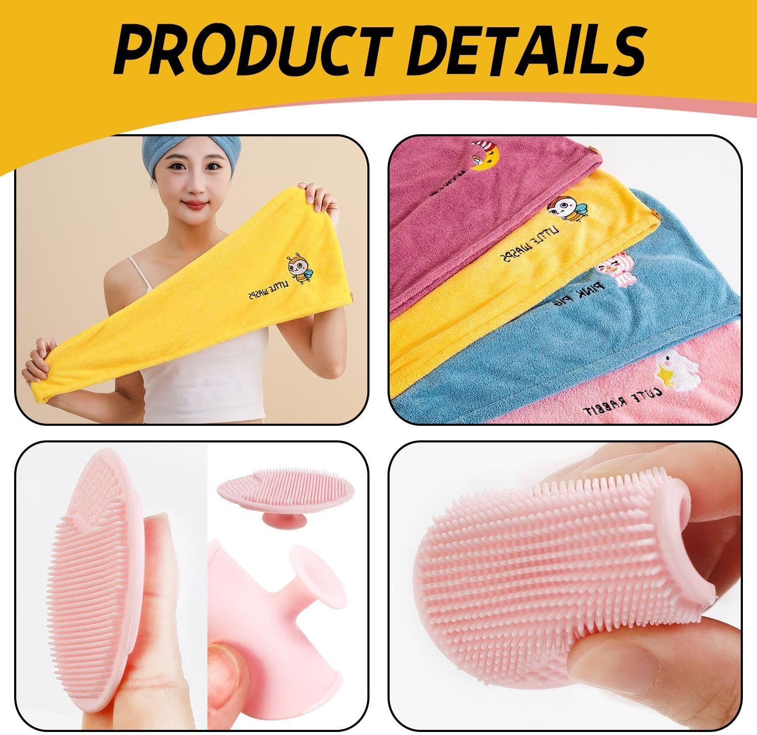 4 Pieces Dry Hair Cap, 2 Face Wash Brushes, Coral Mine Soft Turban, Long Hair Cap for Women, Water Absorbent Embroidered Towel, Bath Accessories image number 1