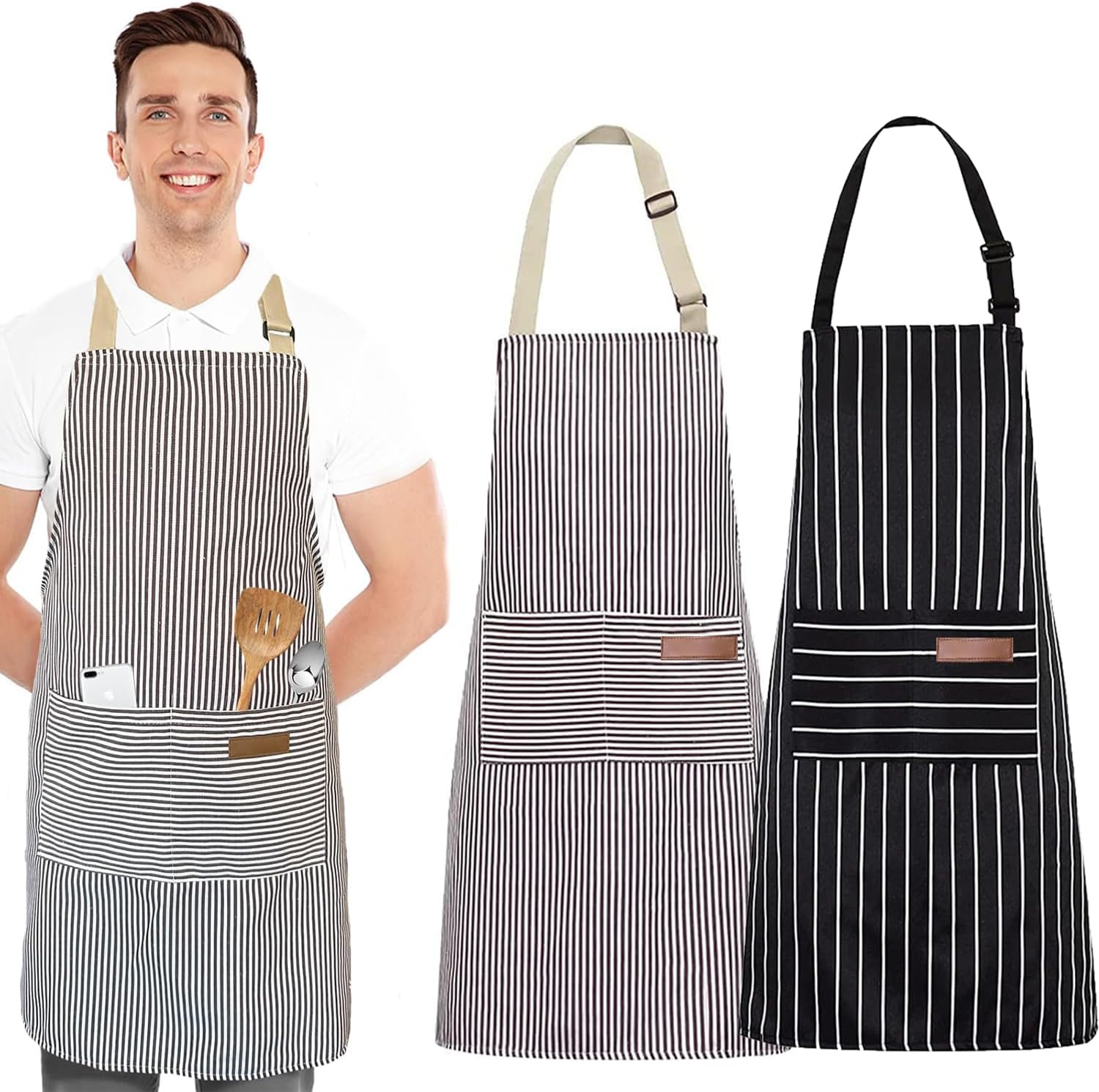 LAMCAN 2 Pack Kitchen Cooking Aprons, Adjustable Bib Apron, with 2 Pockets. Cotton Chef Adults Kitchen Bib Aprons, for Men Women, for Baking Painting Gardening Cleaning image number 2