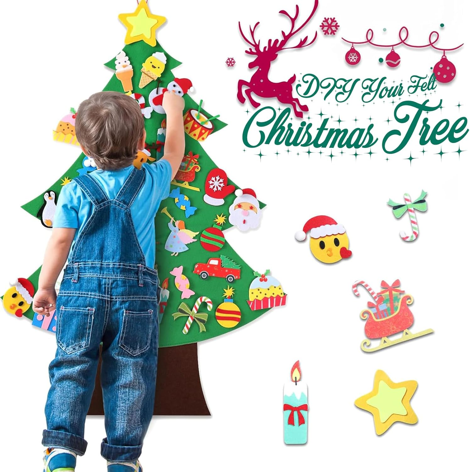 Hutikla Felt Christmas Tree - 3.6 FT 3D DIY Set for Kids with 33 Pieces of Ornament Decor, Wall Hanging Christmas Tree Decorations image number 3