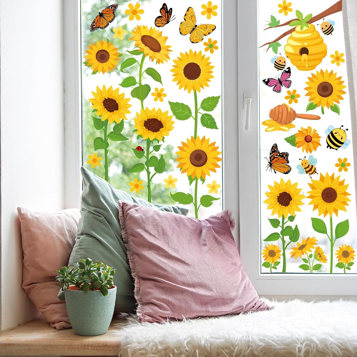 109Pcs Window Stickers, 9 Sheets Double Sided Reusable Window Decals with Flowers, Butterflies and Bee, Anti-Collision Stickers for Glass Door, Window Decorations for Home, School, Kindergarten, Shop.