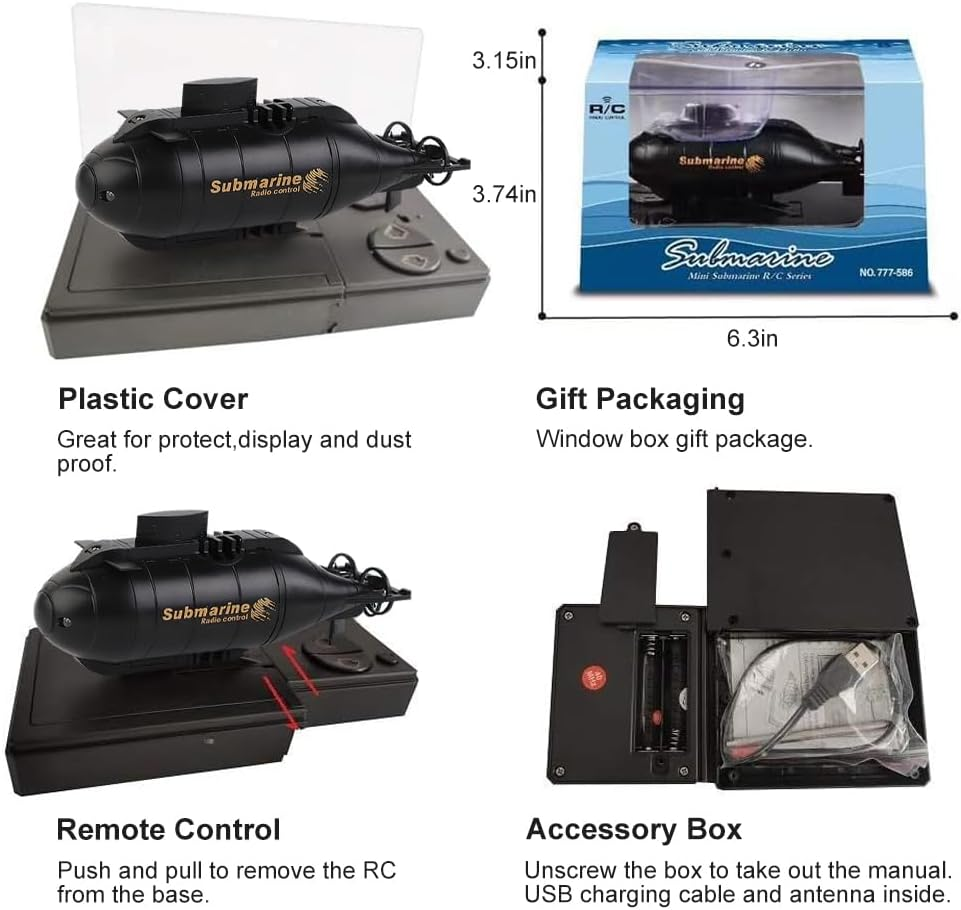 7JI RC Submarine Toy, Underwater Boat 360&deg; Rotatable High Speed Electric Water Toys,Remote Contriol Submarine for Kids Gift-Black