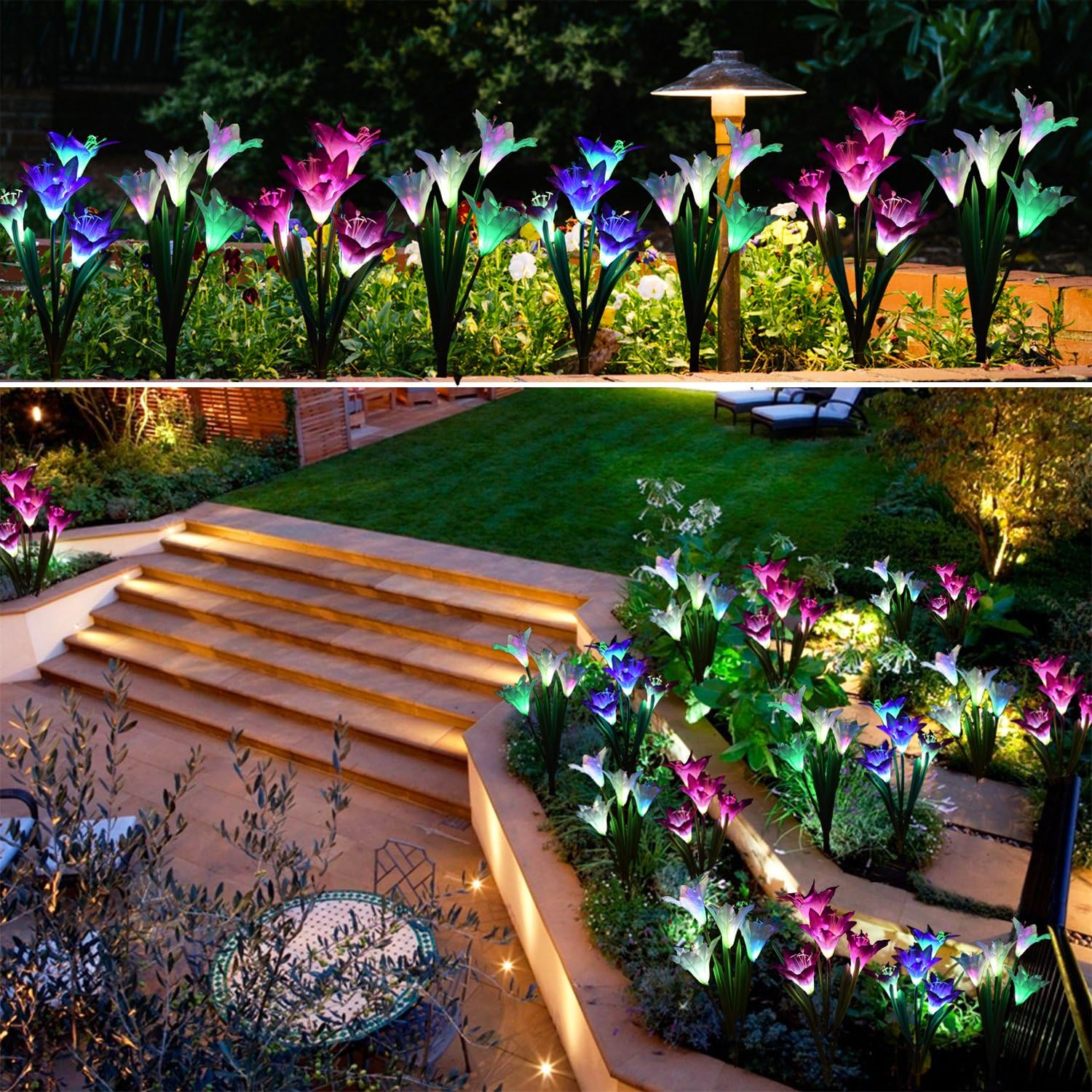 Outdoor Solar Garden Stake Lights - 2 Pack Solar Powered Lights with 8 Lily Flower Multi-Color Changing LED Solar Decorative Lights for Garden Patio Backyard (Purple and White) image number 6