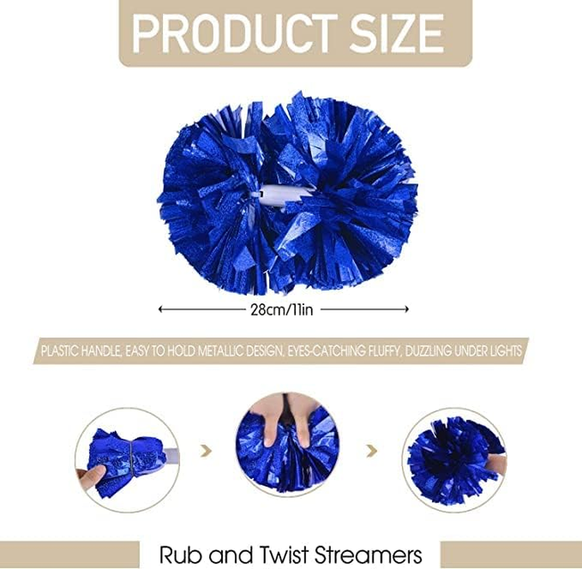 4 Pcs Cheerleading Pom Poms Metallic Cheerleader Pom Poms Cheer Squad Pompoms with Baton Handle for Kids Party Dance Cheering Sports Game