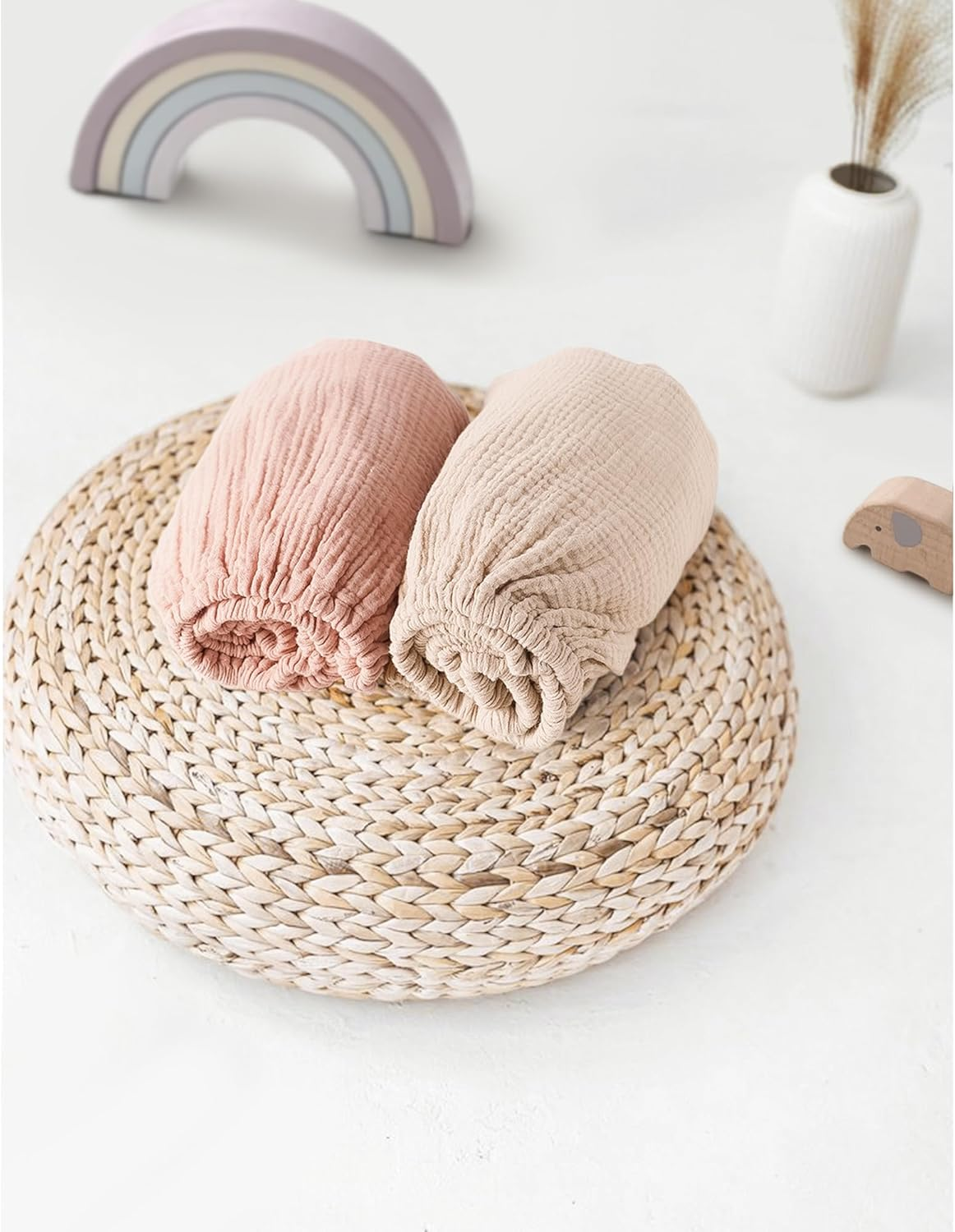 Muslin Bassinet Sheets for Babies &ndash; Soft & Breathable 100% Cotton Fitted Sheets for Oval, Rectangle, Hourglass Bassinet Mattress Pads, 2-Pack (Ivory & Pink) image number 4