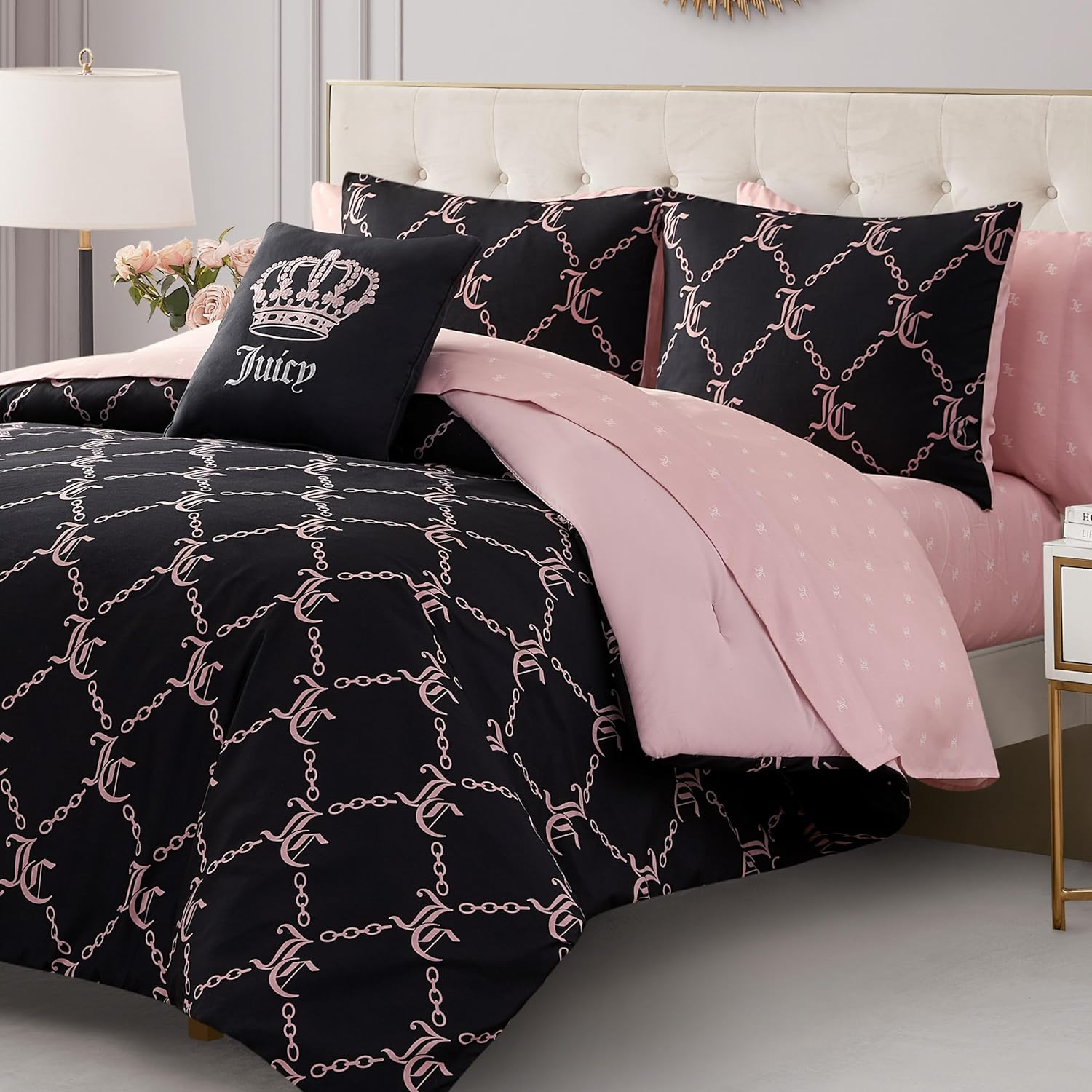 Juicy Couture Black Link Logo Printed Comforter Set, Queen &ndash; Complete 8-Piece Bed in a Bag Collection image number 3