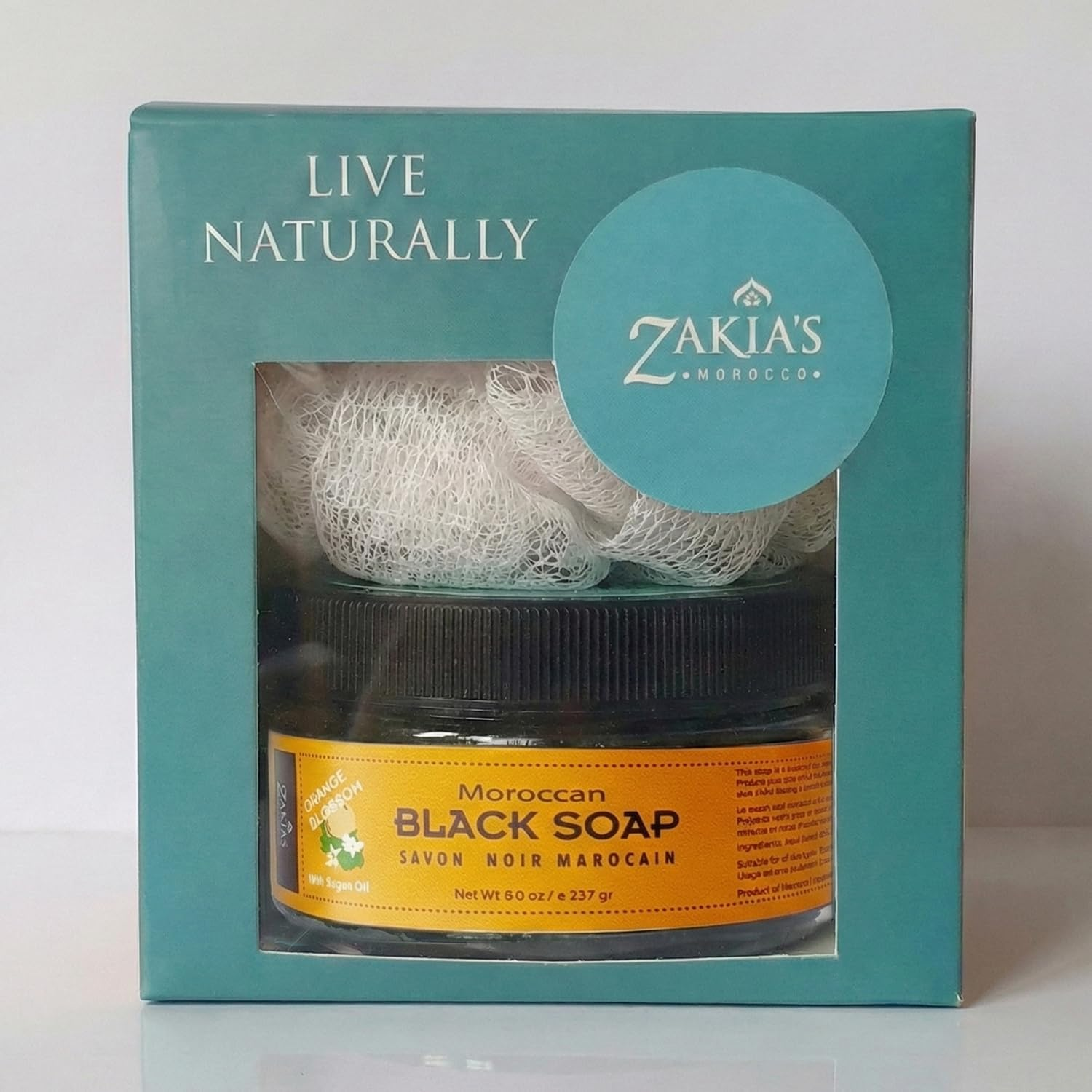 Zakia'S Morocco 8 Oz Moroccan Black Soap -Exotic Orange Blossom Scent with Kessa Exfoliating Glove image number 4
