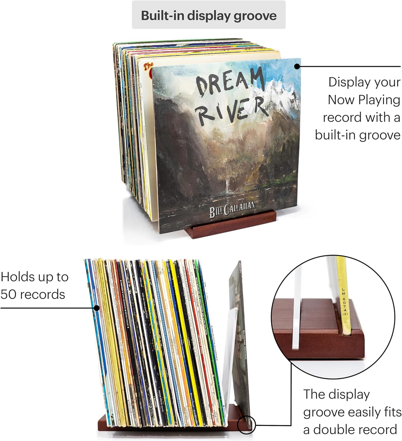Premium Vinyl Record Storage - a Mid-Century Style Record Holder, 50 LP Capacity - with a Now-Playing Record Display Groove (Brown) image number 1