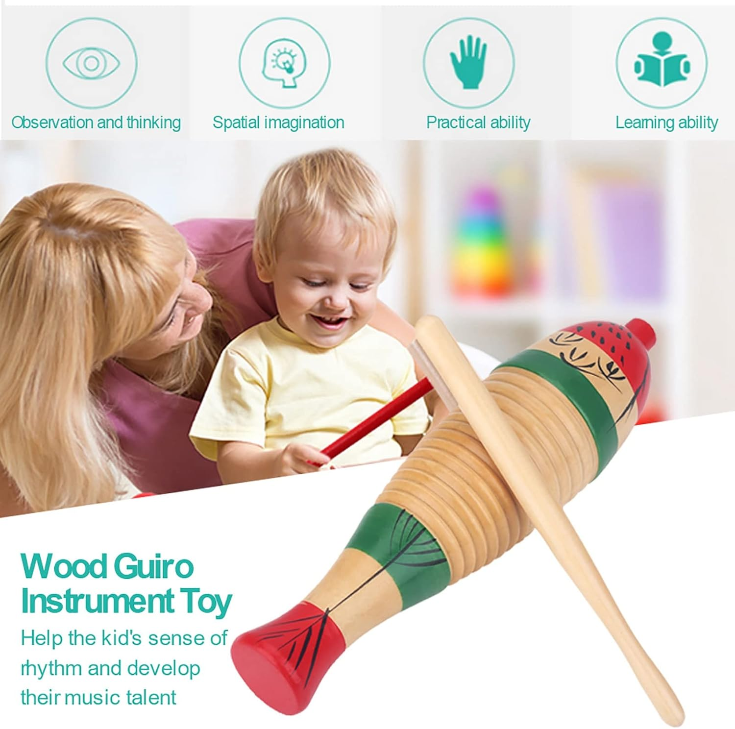 Guiro, 8.3 Inch Fish Shaped Latin Percussion Musical Instrument, Wooden Colorful Guiro Instrument, Frog Instrument for Beginners and Professional Band Accompaniment with Sticks image number 4