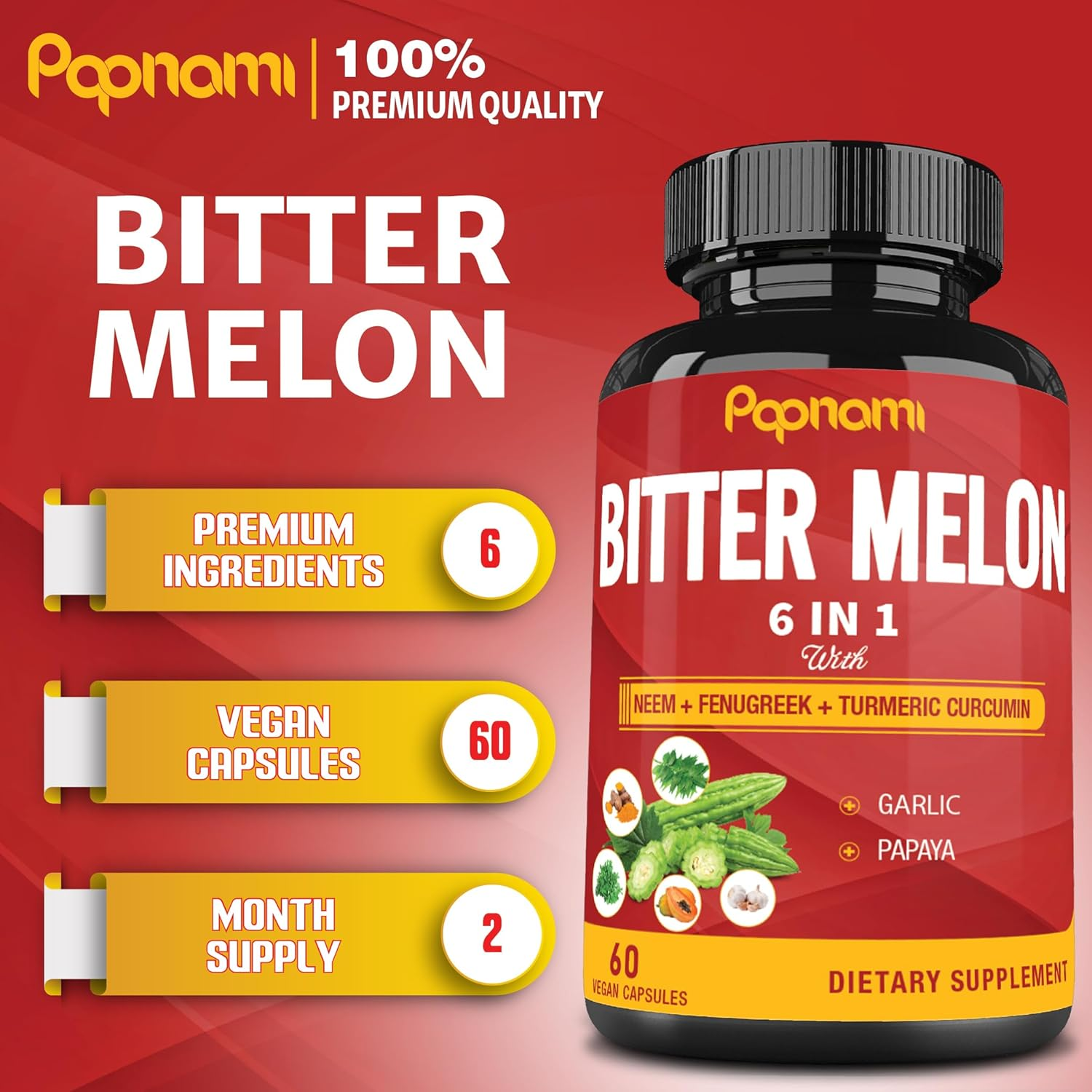 Organic Bitter Melon Extract Capsules - 60 Pills 2 Month - Combined Neem, Fenugreek, Curcumin, Garlic & Papaya image number 6