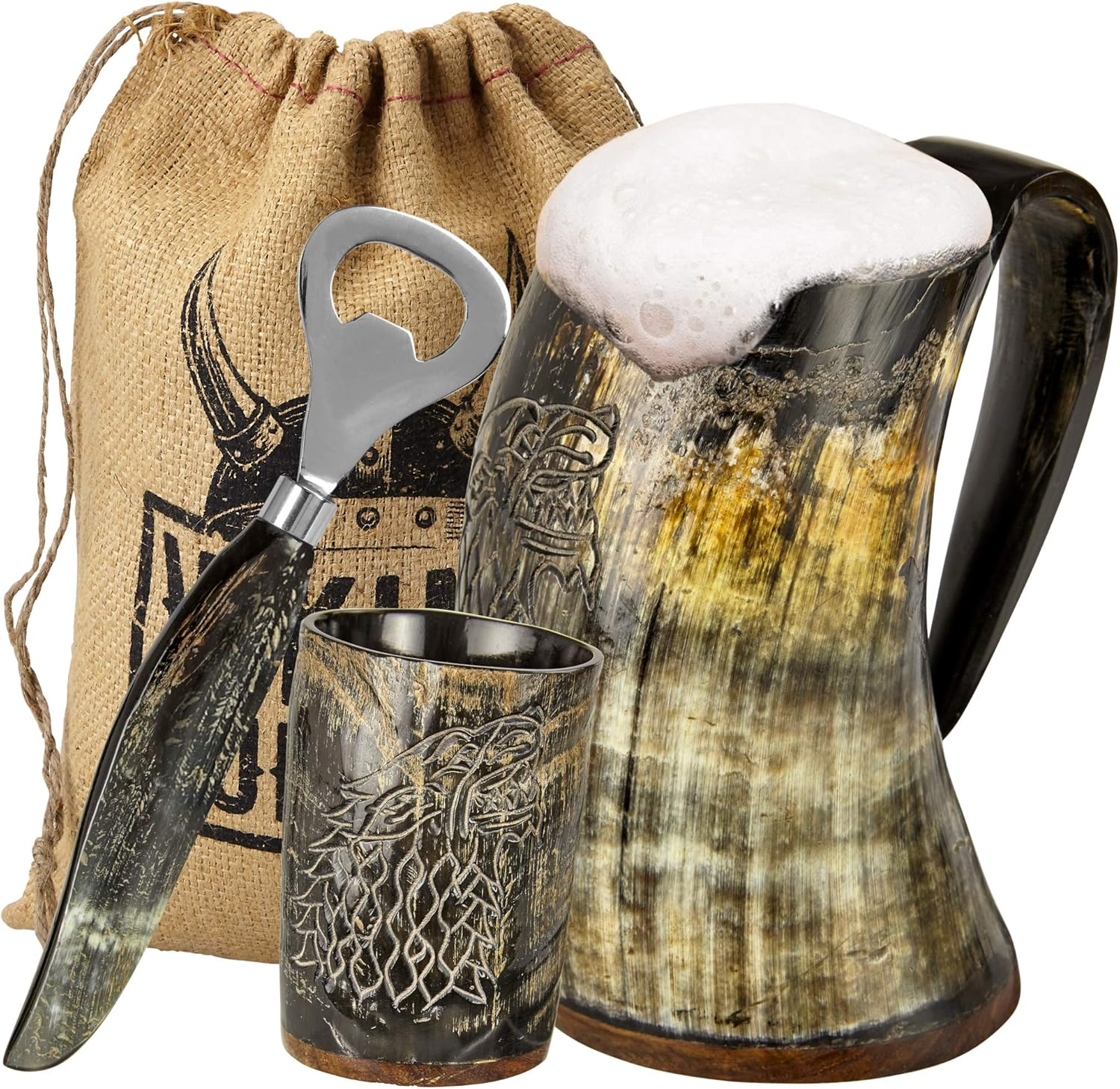 Viking Culture Ox Horn Mug, Shot Glass, and Bottle Opener (3 Pc. Set) Authentic 16-Oz. Ale, Mead, and Beer Tankard | Vintage Stein with Handle | Custom Intricate Design - Natural Finish