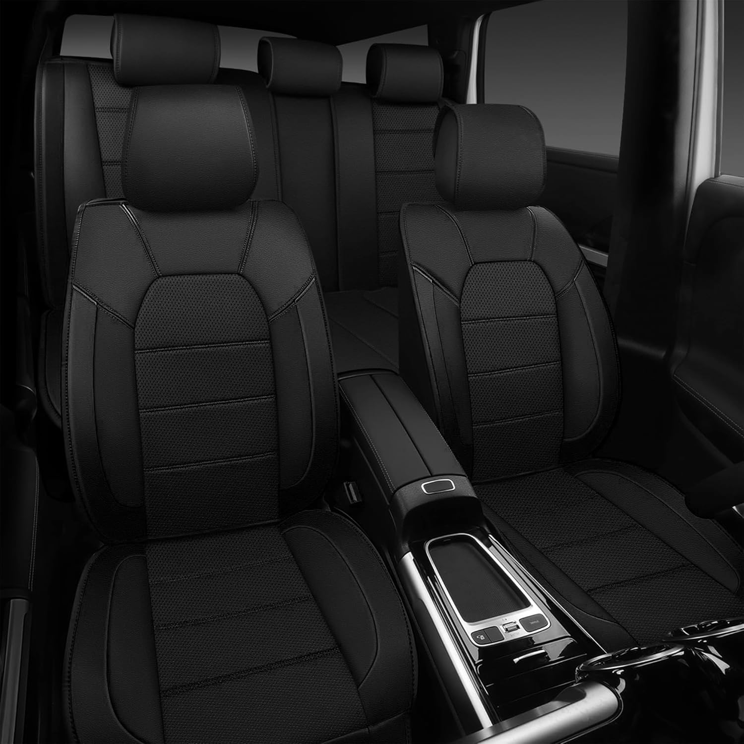 Leather Seat Cover, Sports Car Seat Cover with over 5Mm Composite Sponge Inside, Airbag Compatible with Most Suvs, Trucks, and Vans (Complete Set+2 Headrests (Black) - Black image number 2