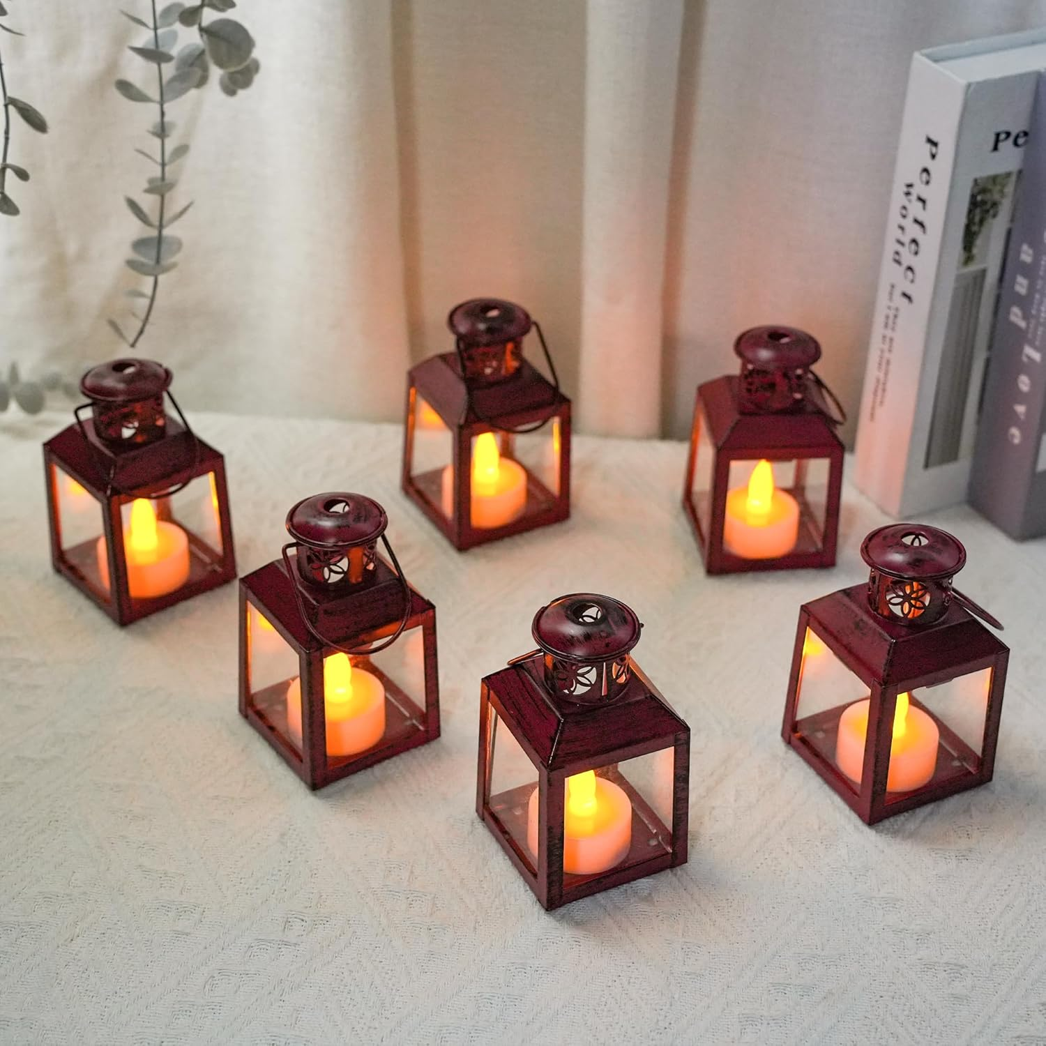 TRIROCKS Pack of 6 Small Metal Candle Lanterns Vintage Hanging Tea Light Holders Decorative Candle Holders for Table Valentine'S Day Patio Indoor Outdoor Gifts (Red) image number 1