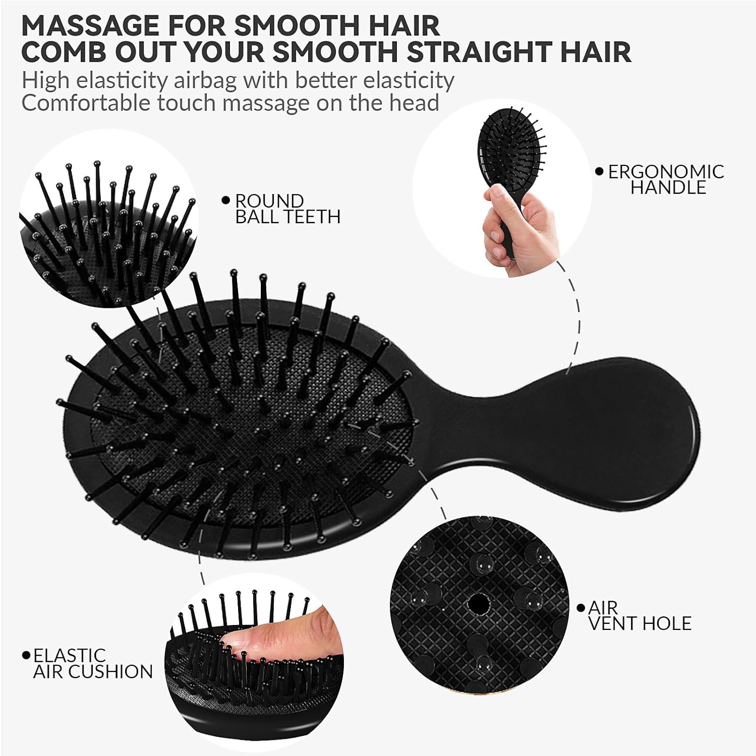 2P Mini Hair Brush,Brush Squirt Detangling Brush,Mini Detangler Brush, No Tangle Ultra-Soft Intelliflex Bristles,With Ease Knots without Tears or Breakage (Bright Black) - Bright Black image number 4