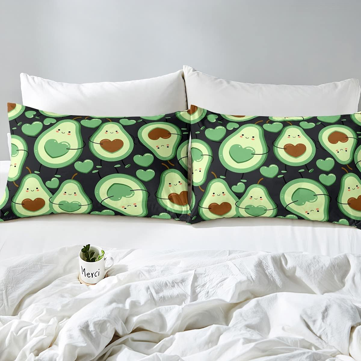 Homemissing Cartoon Avocado Duvet Cover Set, Sweet Tropical Fruits Bedding Set, 135 X 200 Cm, Couples Bed Set for Boys, Girls, Children, Teenagers, Love, Bedroom Decor, Green with 1 Pillowcase image number 1
