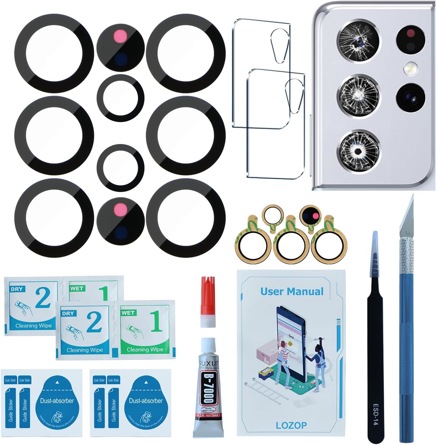 LOZOP 2 Sets S21 Ultra Rear Camera Lens Glass Replacement with Adhesive Pre-Installed Compatible for Galaxy S21 Ultra with Repair Tools and Installation Manual image number 5