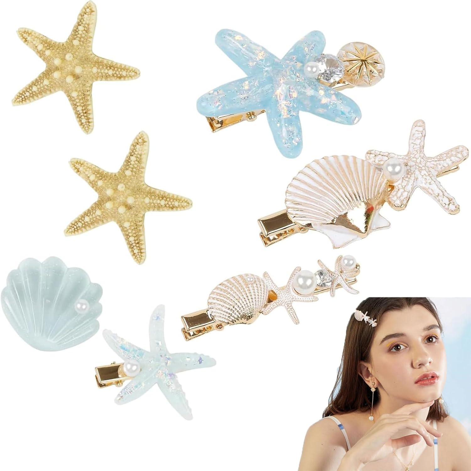 Yeanifeana 7-Piece Set Mermaid Hair Clips, Shell Pearl Starfish Alligator Clips, Waterproof Resin Mermaid Accessories for Women Girls, Beach Party Favors Gifts image number 2