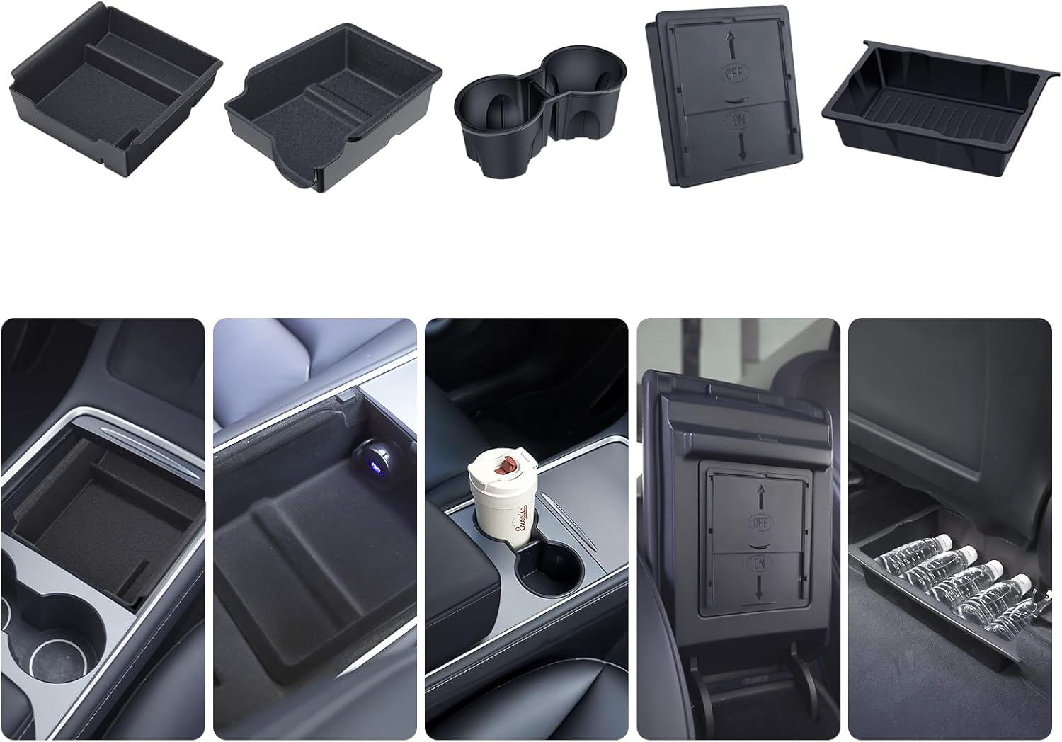 Center Console Organizer Tray 5PCS for Tesla Model Y Accessories 2024 2023 2022 2021 2020, Armrest Storage Tray and Hidden Storage Box, Cup Holder Insert, under Seat Storage Box image number 4