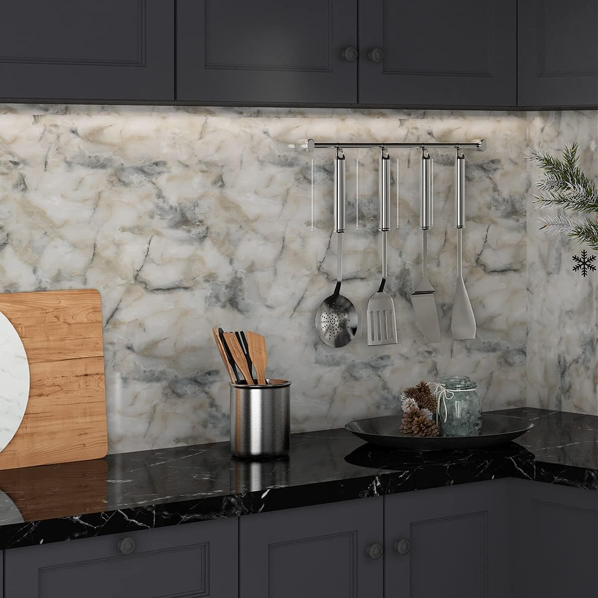 Livelynine 15.8X197 Light Blue Marble Wallpaper Peel and Stick Countertop Contact Paper Waterproof White Navy Marble Contact Paper Peel & Stick Countertops for Bathroom Counter Desk Top Vinyl Wrap image number 3