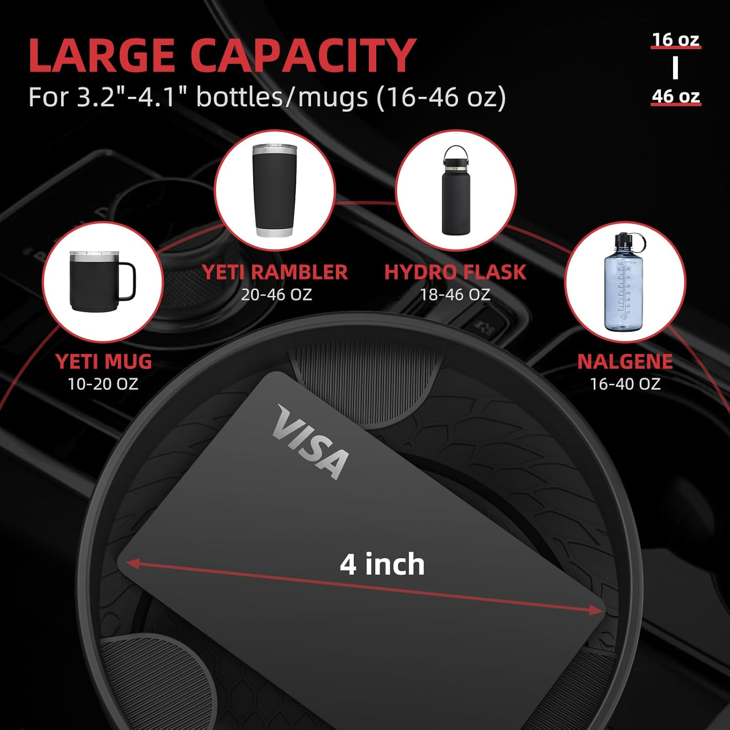 DYLEN Cup Holder Expander, Car Cup Holder Extender with Expandable Insert, Fits Large Water Bottles 500-1400 ML (7.1-10.5 CM) image number 4