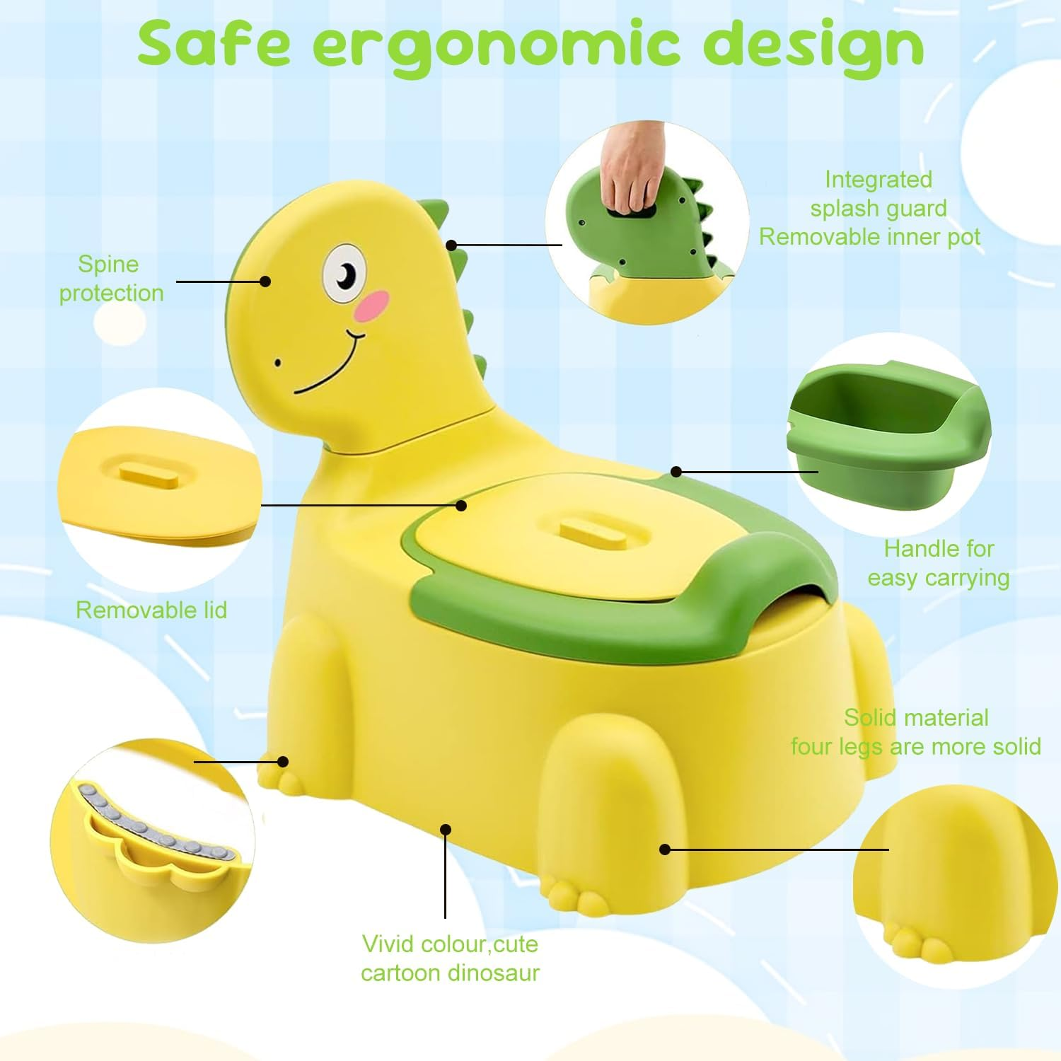 Kids Potty Seat - Dinosaur Potty Training Seat with Lid, Comfortable Toddler Toilet Seat for Boys and Girls Aged 1-6 Years Old(Yellow)