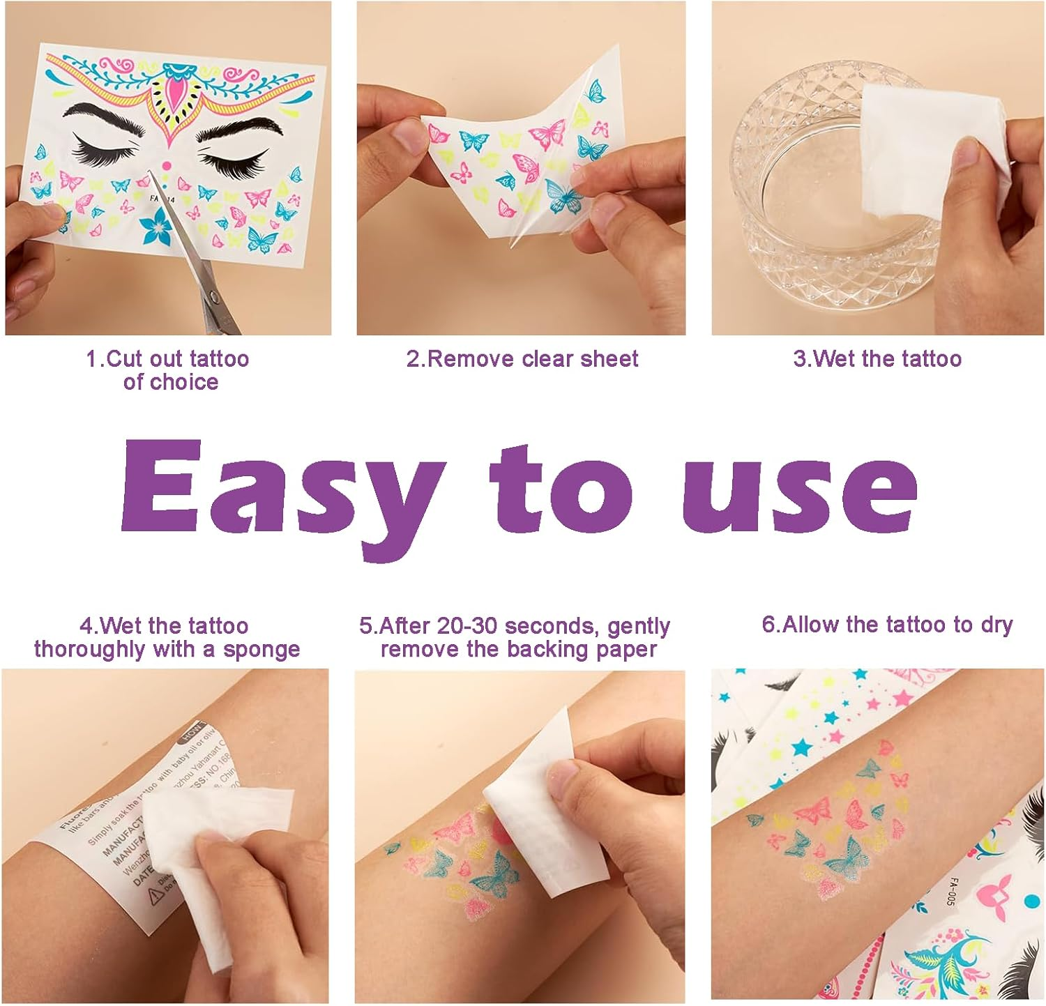 Treayes Glow in the Dark Temporary Tattoos, 8 Pcs Fake Tattoos Stickers, Fake Face Tattoos Stickers for Glow Party Adults Girls Women Festival Bar Party Supplies, Floral Body Paint Flowers Butterfly