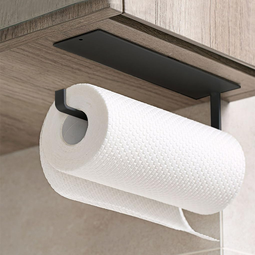 Vivva Self-Adhesive Paper Towel Holder - under Cabinet and Wall-Mounted Kitchen Rack, Carbon Steel for Bathroom (Black)