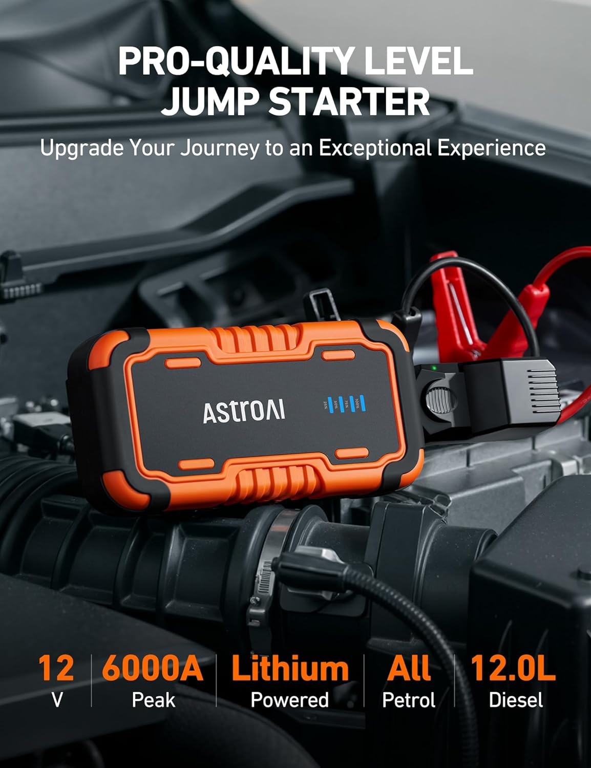 Astroai P12 Car Battery Jump Starter Power Bank 6000A &ndash; Portable Car Jump Pack for 12V Cars (All Petrol / 12L Diesel), Motorbikes, Car Battery Charger Includes LED Flashlight, Orange image number 2