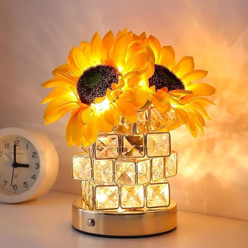 Sunflower Crystal Table Lamp, Dimmable LED Artificial Flower Lamp Touch Lamp with Cube Crystal Vase, USB Rechargeable Cordless Lamps for Bedroom, Living Room, Home Decoration image number 2