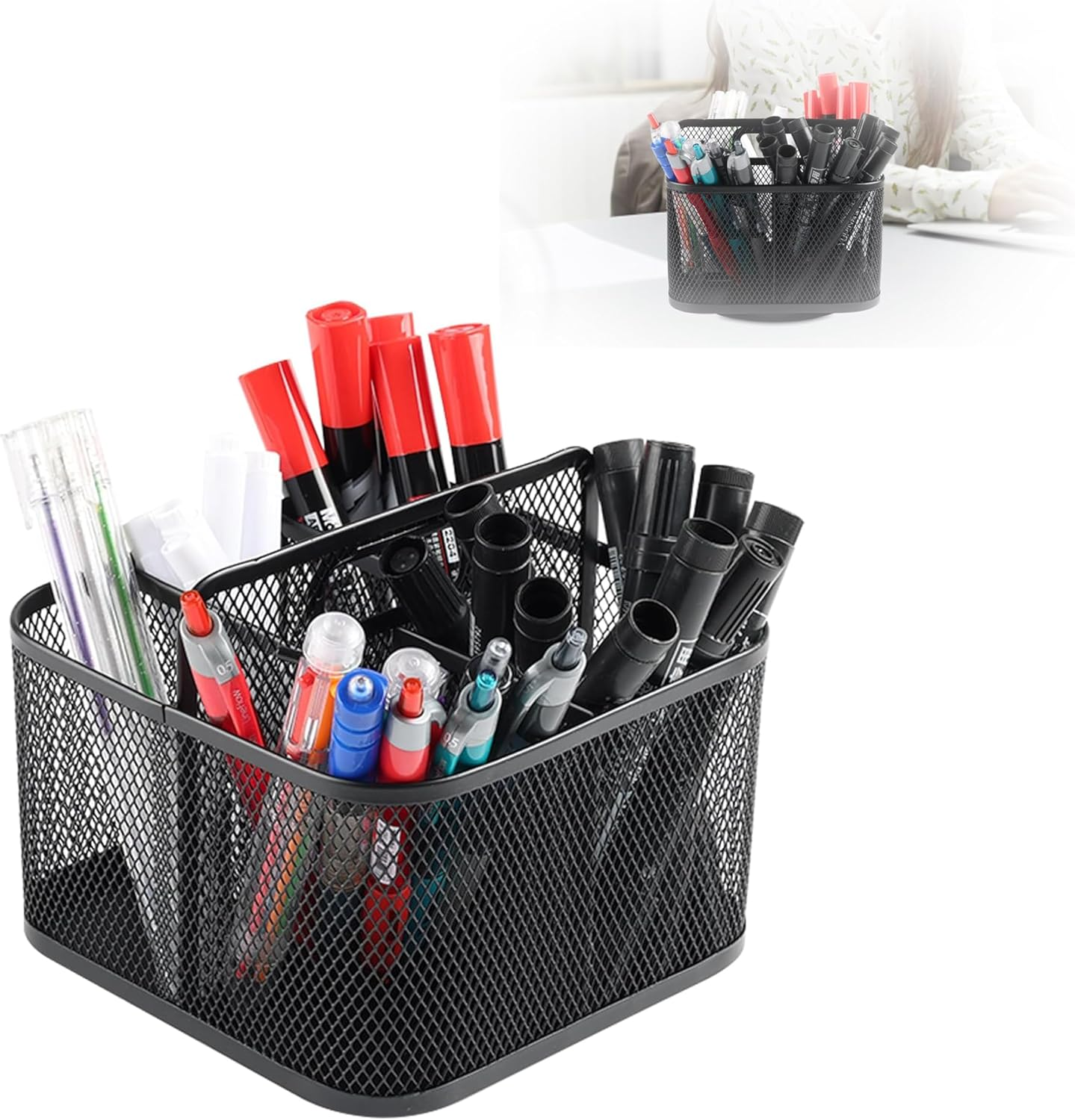 360-Degree Rotating Metal Desk Pencil Holder, 5-Slot Office Pen Cup Organizer for School, Home (Square) image number 2