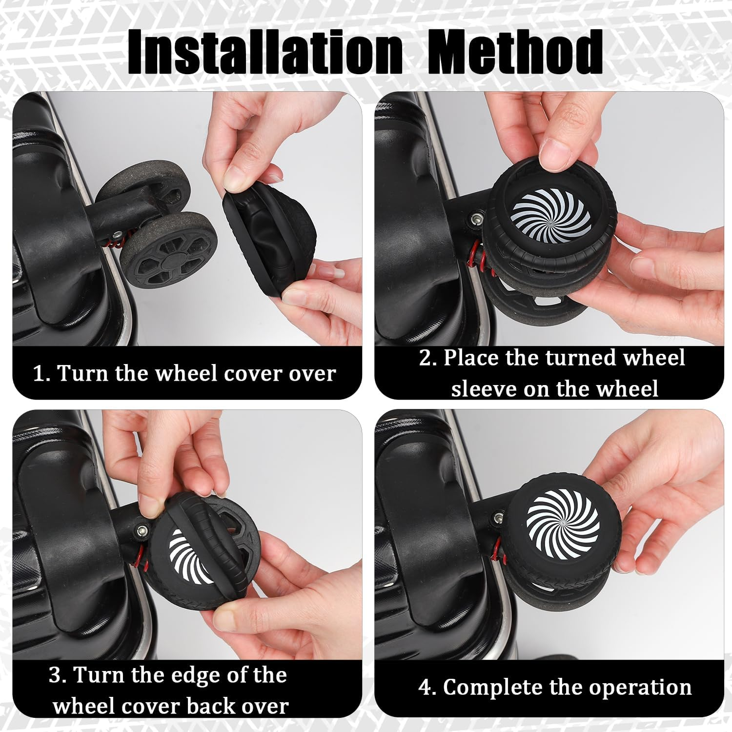 BOXOB 8Pcs Luggage Wheel Protector Covers, 2.05X0.55 Inch Silicone Suitcase Wheel Covers Black White Design Accessories Noise-Proof for Most Adult Children 8-Spinner Wheels Sleeve Suitcase image number 6