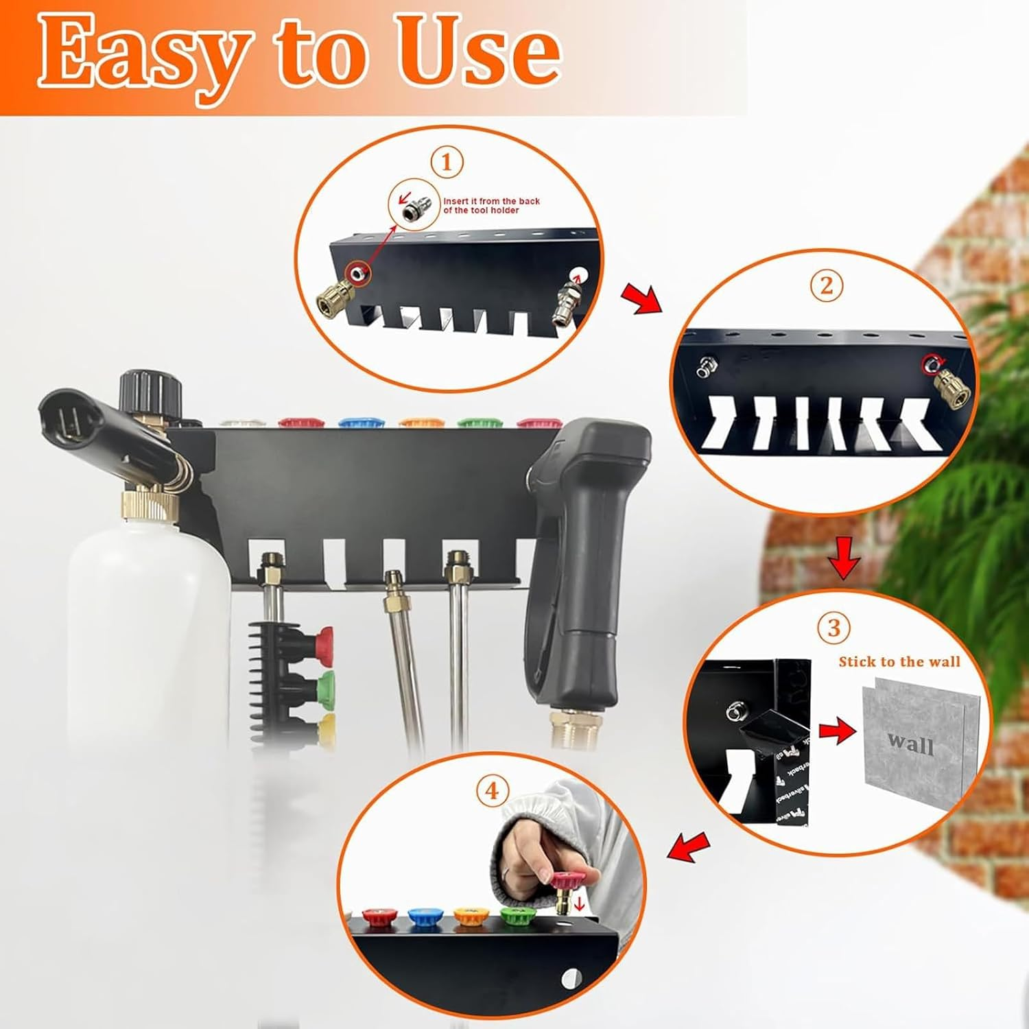 Pressure Washer Gun Holder, Foam Cannon Holder, Stainless Steel Storage Rack Organizer Wall Mounted for Foam Cannons, Washer Nozzle Tips and Wand, Fit 1/4 Inch Quick Connector image number 5