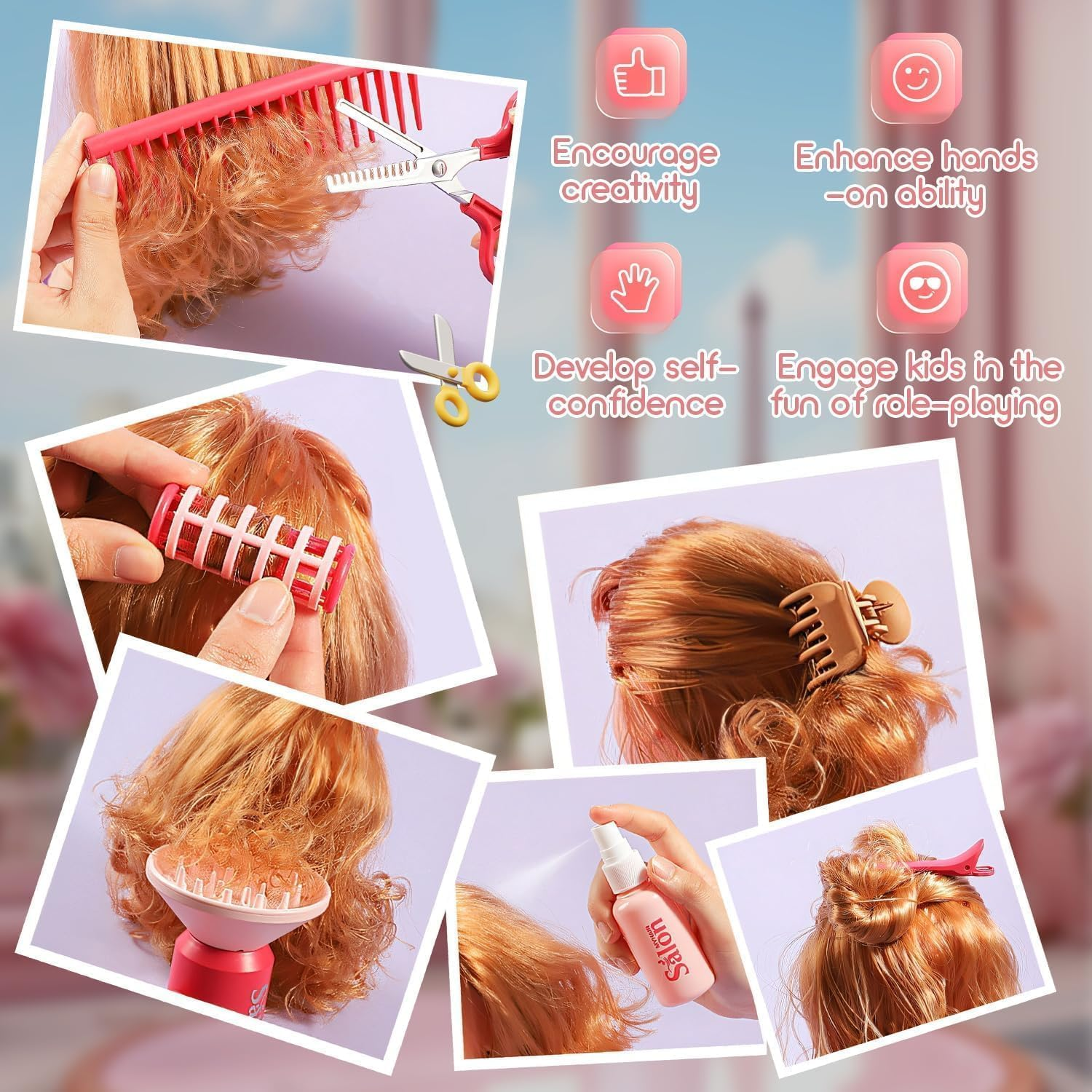 22Pcs Girls Hair Salon Toys, Kids Beauty Salon Set with Pretend Play, Pretend Play Hair Salon Stylist Toy Kit with Barber Apron, Hair Dryer, Mirror, Scissors image number 4