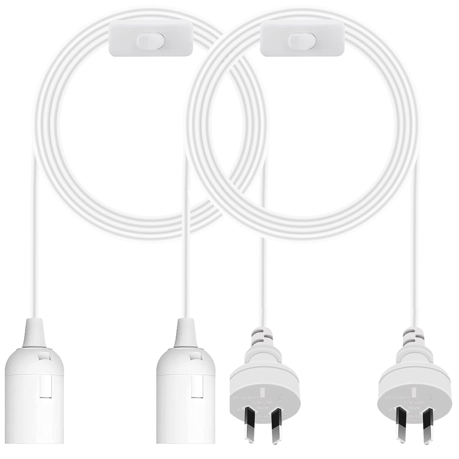 2Pcs E27 Cable Cord with On/Off Switch, E27 Lamp Base Holder Socket AC AU Power Plug, 1.8M White Extension Lights Lamp Bulb Cord for Bedroom Kitchen Plant Growth DIY Hanging Lanterns Pendant Light
