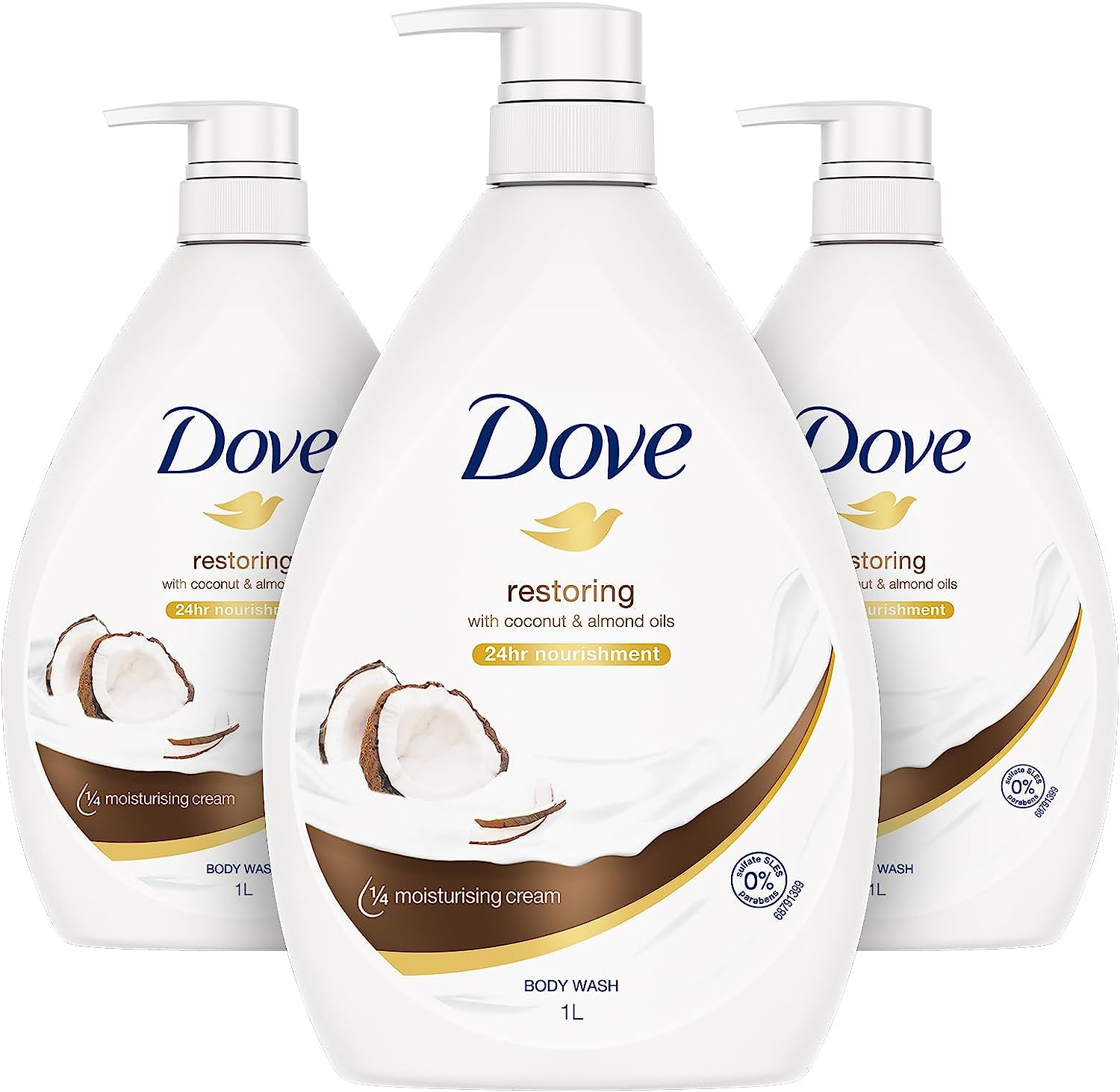 Dove Body Wash Restoring 1L X 3 Pack, Mild and Gentle Formula, with Coconut & Almond Oils image number 2