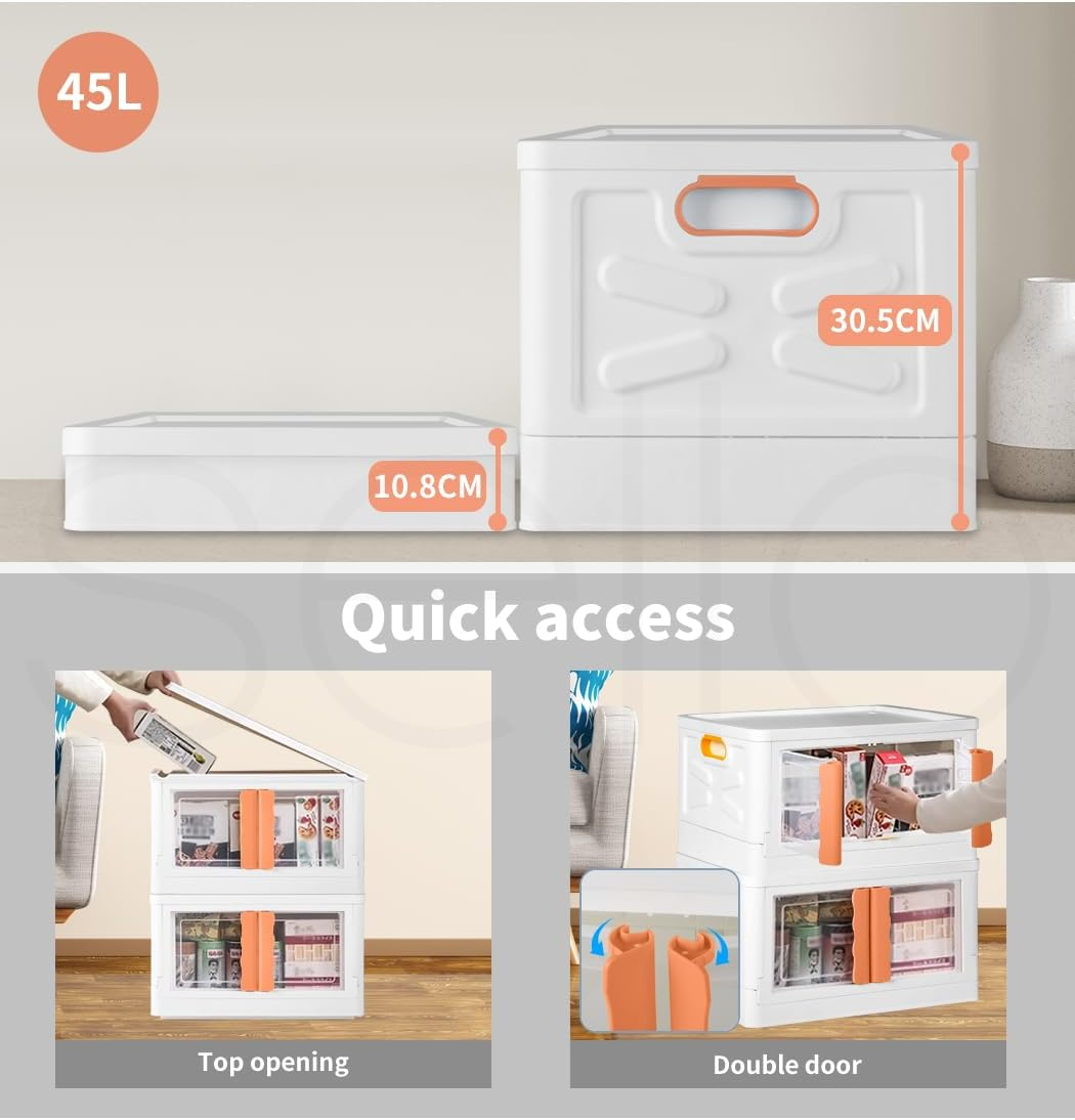 Stacked Storage Boxes Stackable Foldable Clothes Container Bins Toy Organiser Box with Lids Handles Plastic Book Camping with Wheel Front and Top Open 45L Pink image number 5