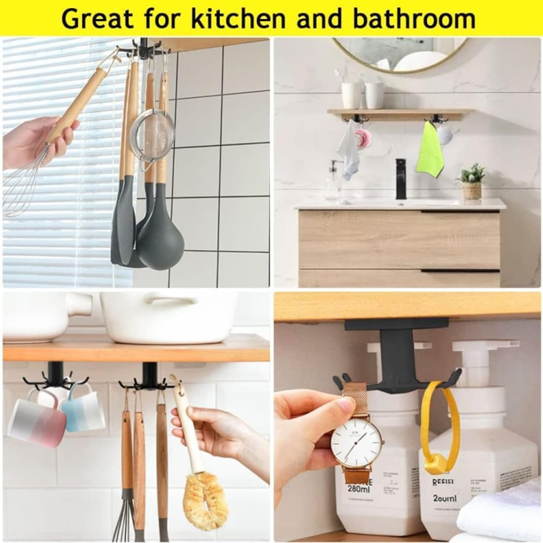Under Cabinet 360&deg; Rotatable Kitchen Hooks with 6-Claws, 2Pcs 360&deg; Rotating Folding Hook under Cabinet Utensil Hanger, 360&deg; Rotating under Shelf Hooks with 6 Claws image number 6
