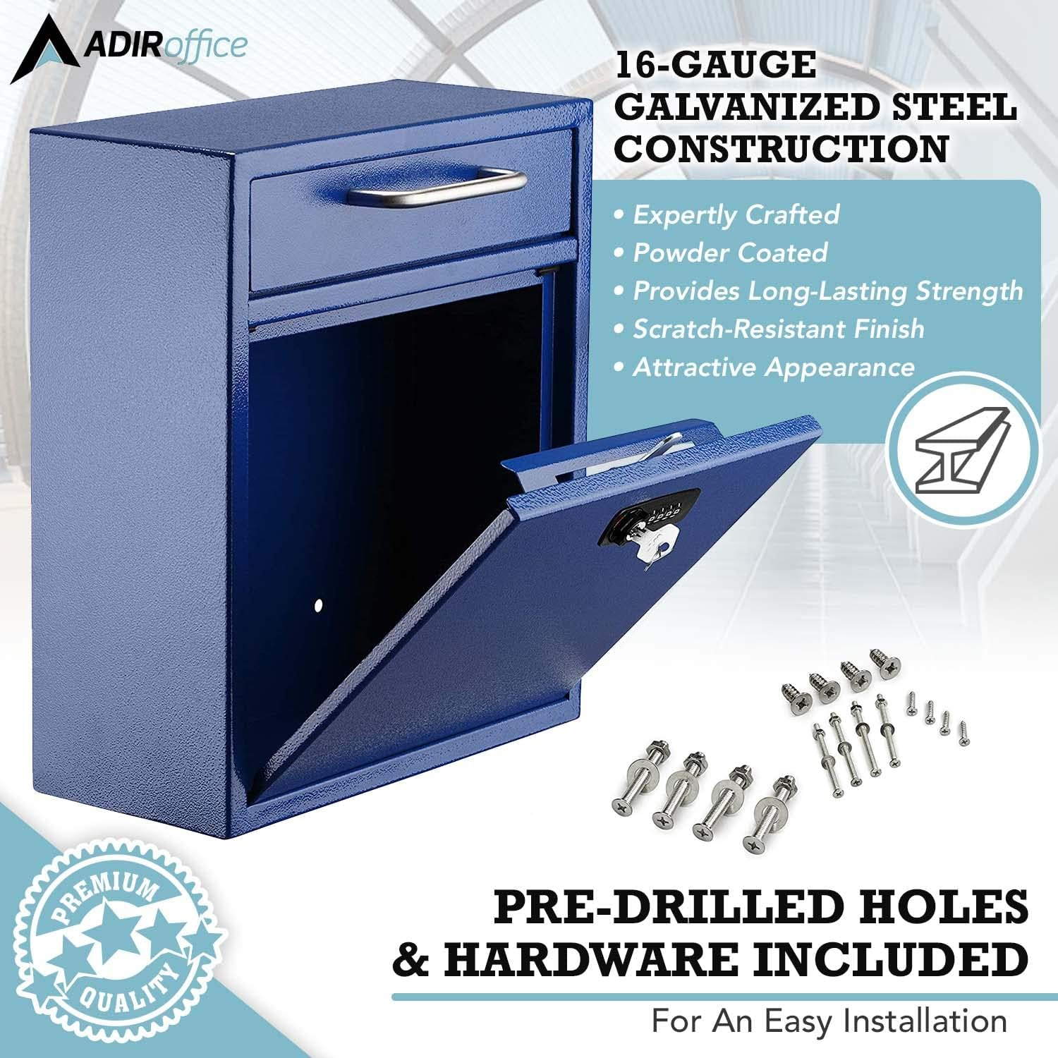 Adiroffice Ultimate Drop Box Wall-Mounted Mailbox - Hanging Secured Postbox - Durable Spacious Key or Combination Lock Box Perfect for after Hours Deposits Payments Key and Letter Drops (Medium, Blue) image number 4