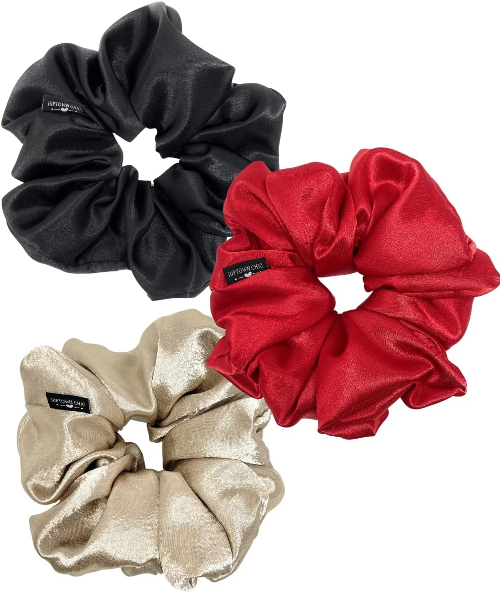 Jumbo Oversized XL Satin Scrunchies for Women Girls, Frizz Prevention, Sleep Hair Holder, Large Elastic Ties Band for Ponytail Bun, Hair Ties for Breakage Prevention (Red)
