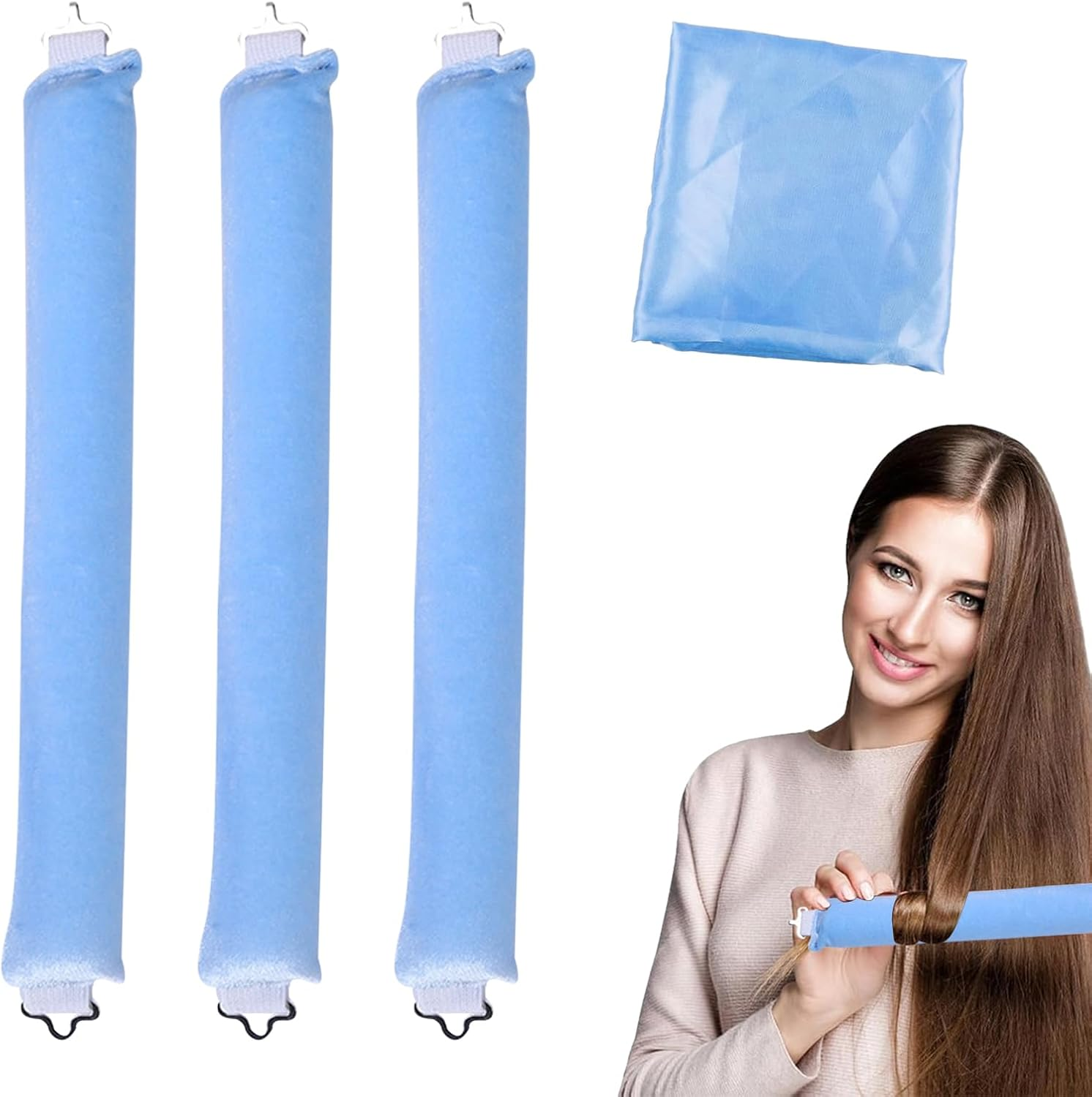 Pack of 3 Heatless Curls, Flexi Rods with Hooks, Overnight, for Different Hair Types, Long and Short Hair (Blue, M) image number 2