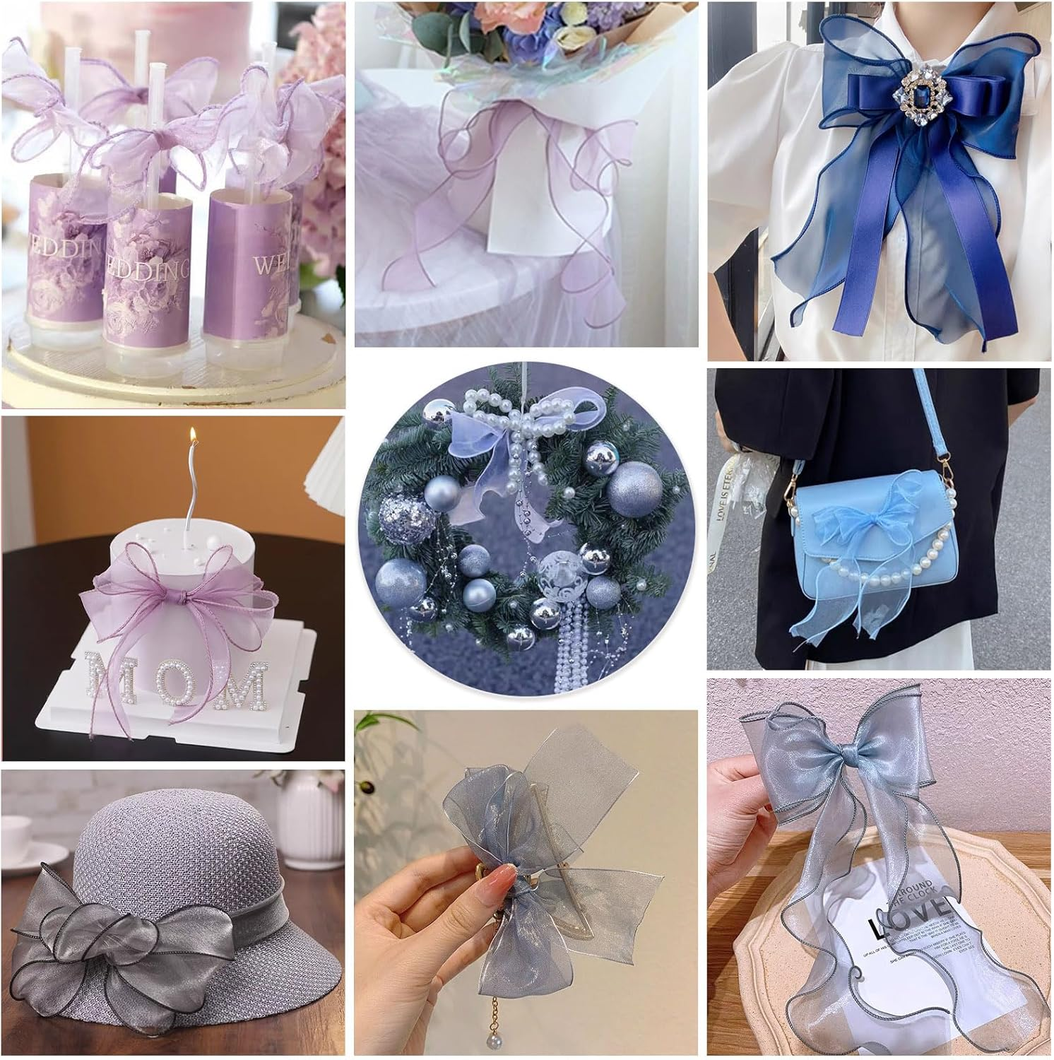 Crafans 3 Rolls 40MM Organza Chiffon Ribbons Shimmer Sheer Gift Wrapper Ribbons for Bouquet Wedding Bows Party Decoration image number 2