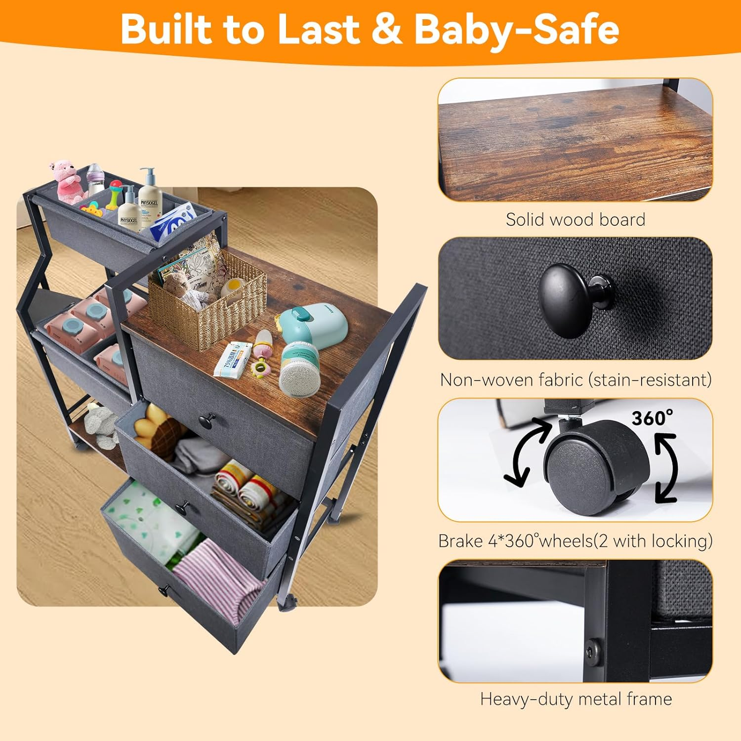 Hiaksedt Baby Diaper Caddy Organizer and Storage, 3 Tier Rolling Cart with Drawers and Dividers Baby Nappy Bin Newborn Essentials Cart for Nursery, Bedroom, Changing Table & Crib image number 3