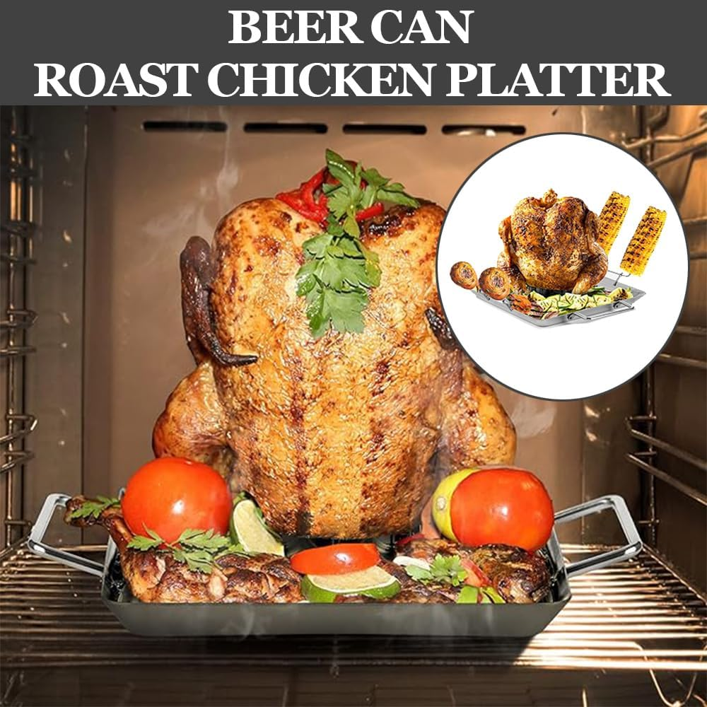 GUDAJIN Beer Can Chicken Grill, Portable Outdoor Stainless Steel Vertical Grill, Multi-Purpose Grilled Chicken Plate, Including 4 Vegetable Spikes, Suitable for Grill, Oven, Camping, Home BBQ image number 1