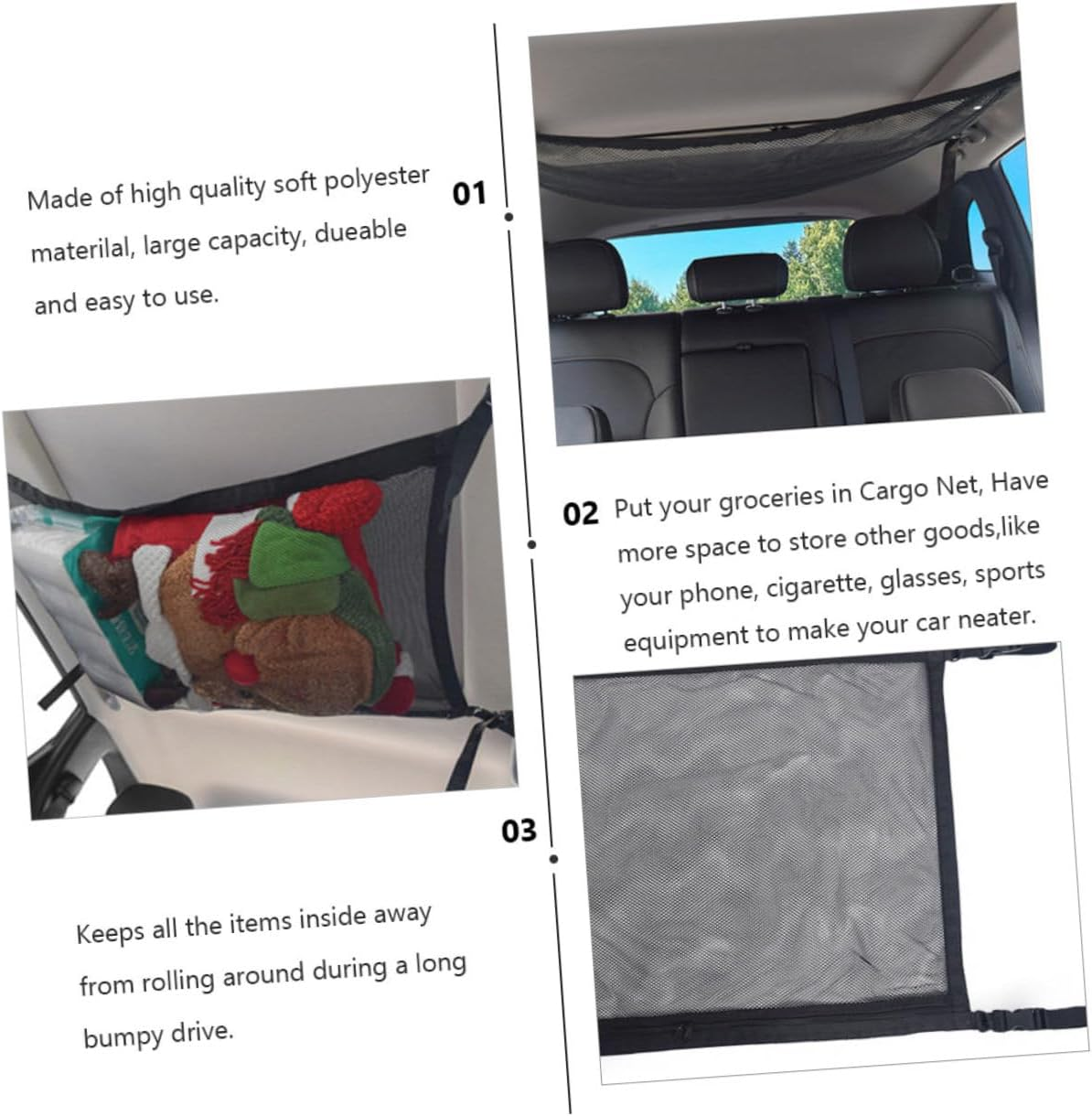 Car Ceiling Storage Net with Zipper Adjustable Breathable Polyester Mesh Roof Organizer Bag for Car Interior Auto Hanging Pouch Space-Saving Black