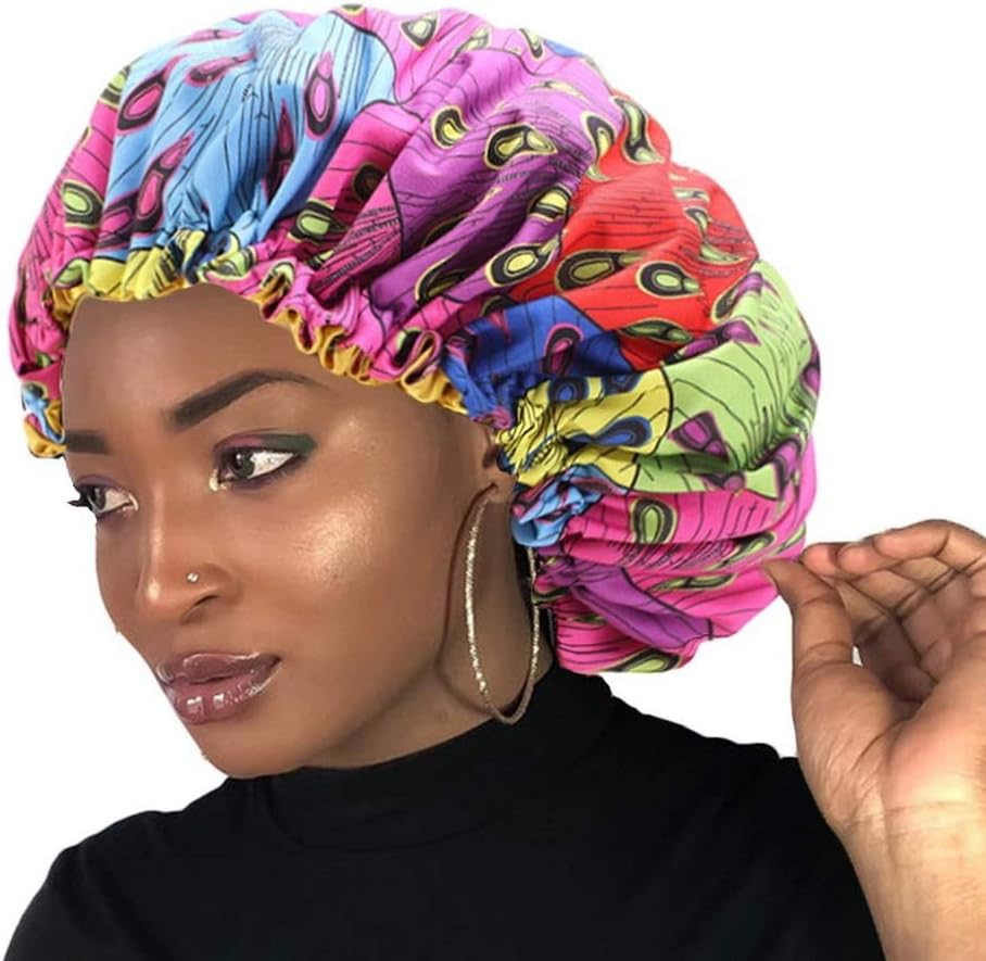 COMVIP 1Pc Adult Satin Bonnet Elastic Band Night Head Cover Sleep Cap B: Peacock image number 6